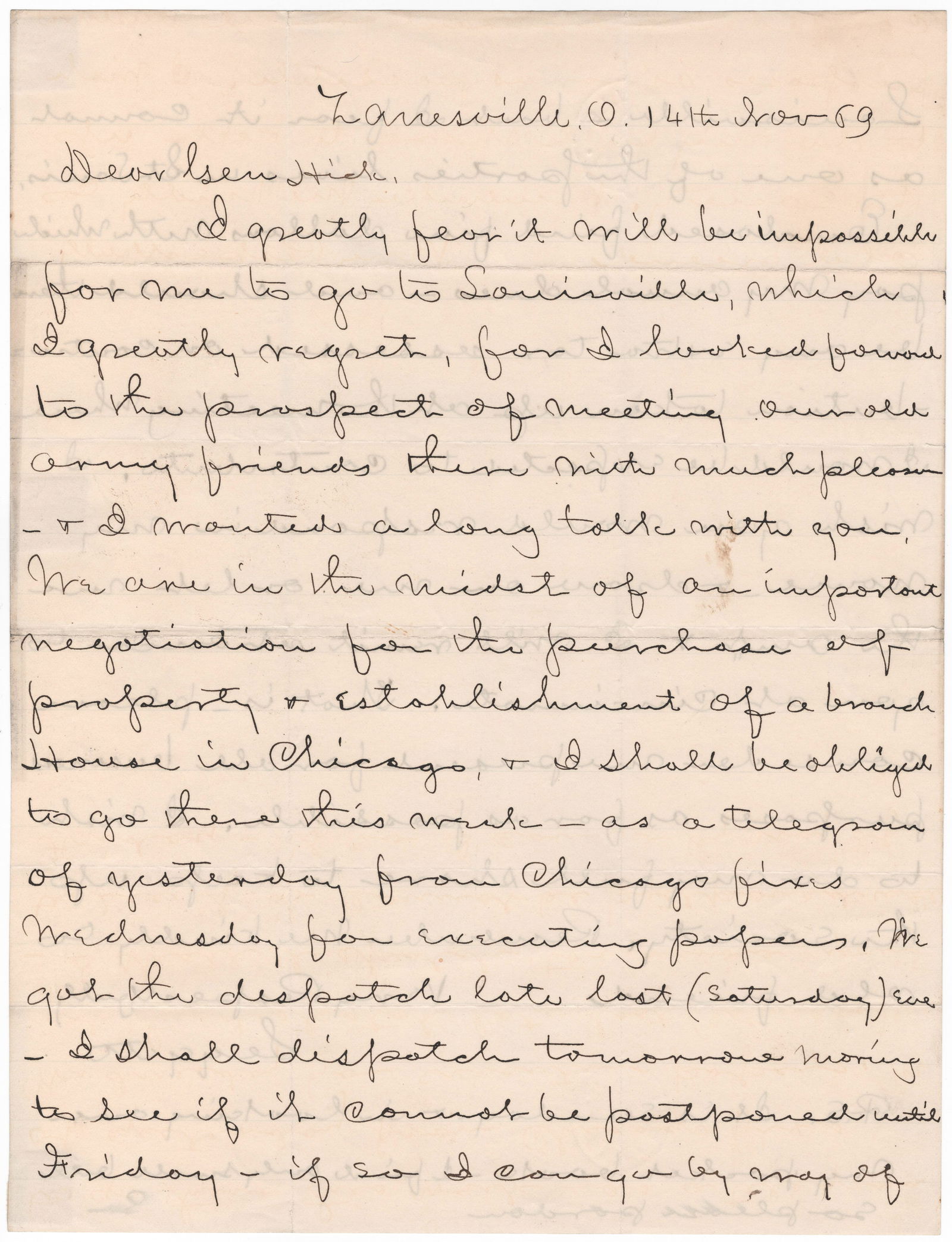 MORTIMER LEGGETT: (1821 – 1896) Union brigadier general who led a division at Atlanta and in Sherman's March to the Sea. A.L.S., 2pp. 4to., Zanesville, OH, to ‘Gen Hick’, likely fellow Ohioan
