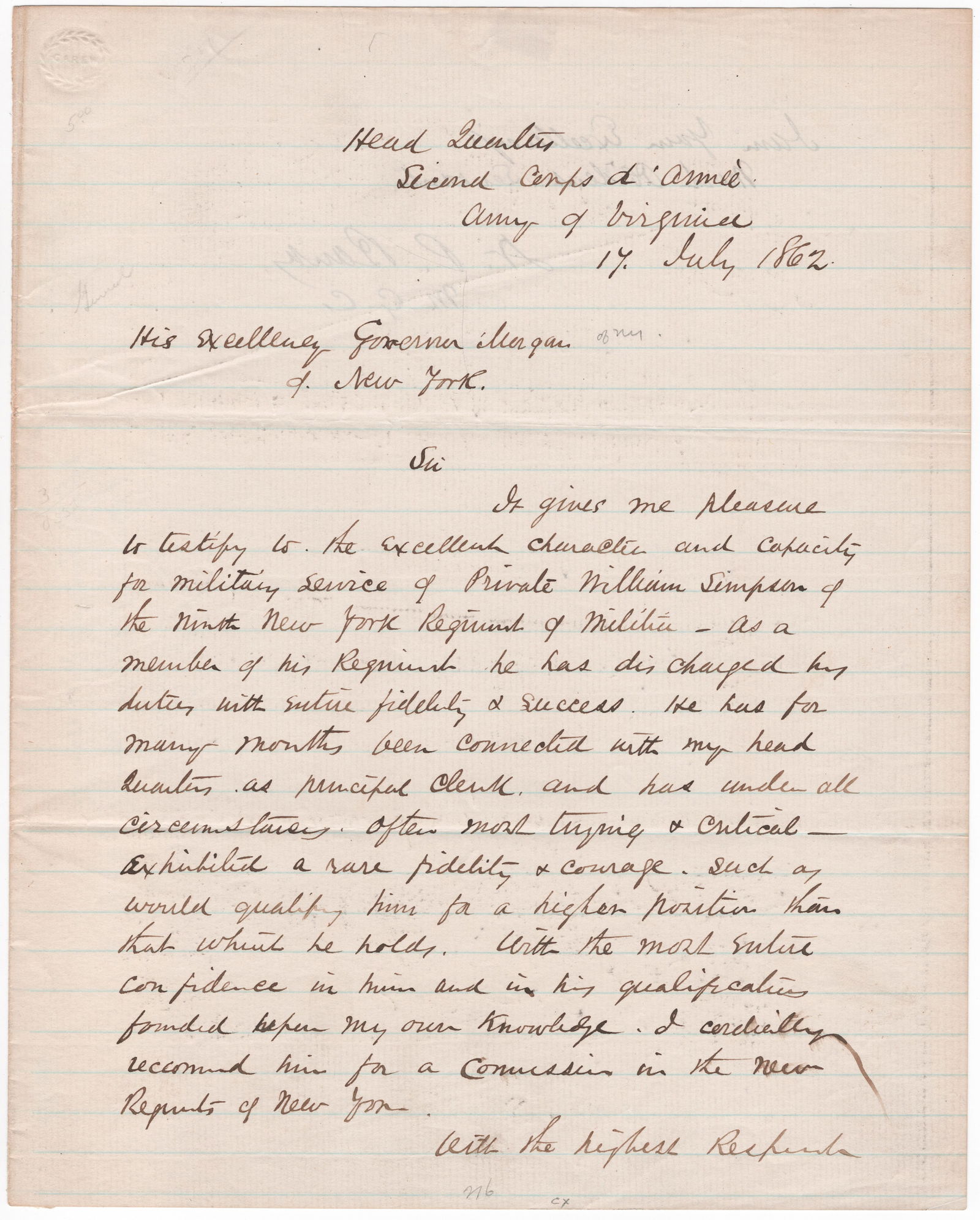 NATHANIEL P. BANKS: (1816 - 1894) Union major general who defeated Stonewall Jackson at Kernstown only to have Jackson crush his force at Cedar Mountain. War-date A.L.S. 2pp. 4to., ‘Head Quarters Second Corps dR