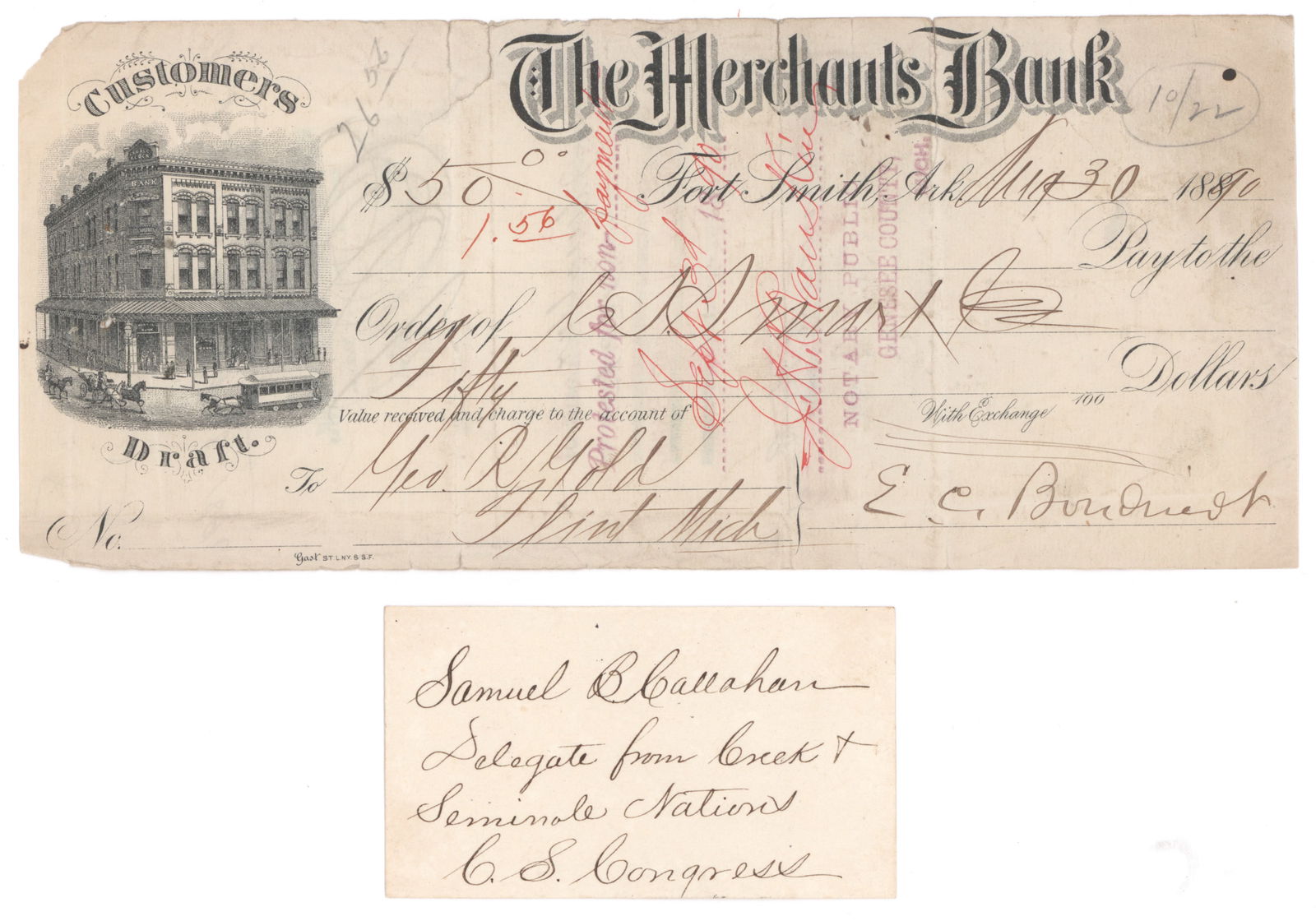 NATIVE AMERICAN REPRESENTATIVES TO THE CONFEDERATE CONGRESS ELIAS C. BOUDINOT AND SAMUEL B. CALLAHAN: A fine pair of signed items related to prominent Native Americans who served as non-voting representatives to the Confederate Congress, includes: ELIAS C. BOUDINOT (1835-1890) Cherokee politician,
