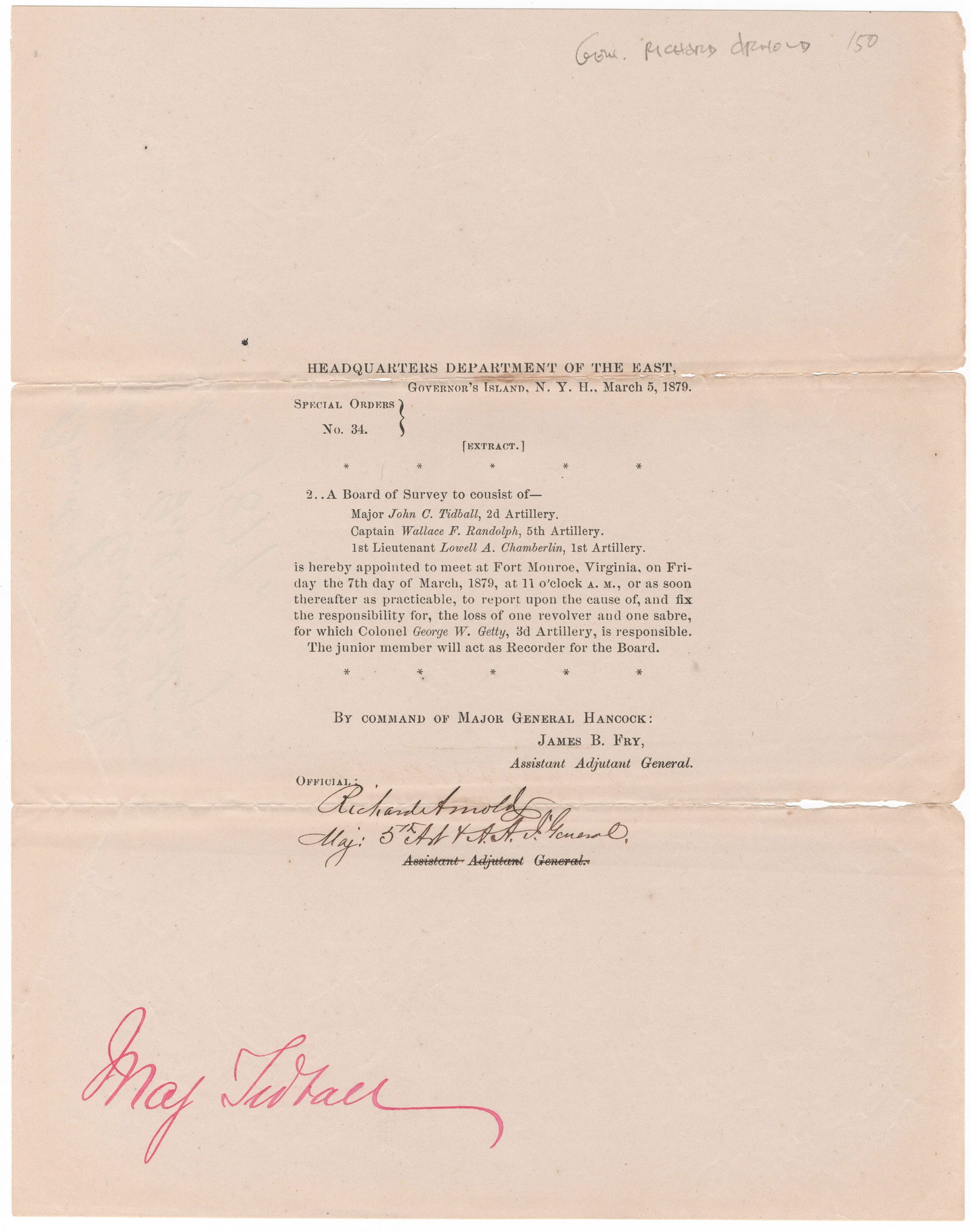 RICHARD ARNOLD: (1828-1882) Union brigadier general of volunteers who served as chief of artillery for the Department of the Gulf, participated in the siege of Port Hudson, the ill-fated Red River campaign and the