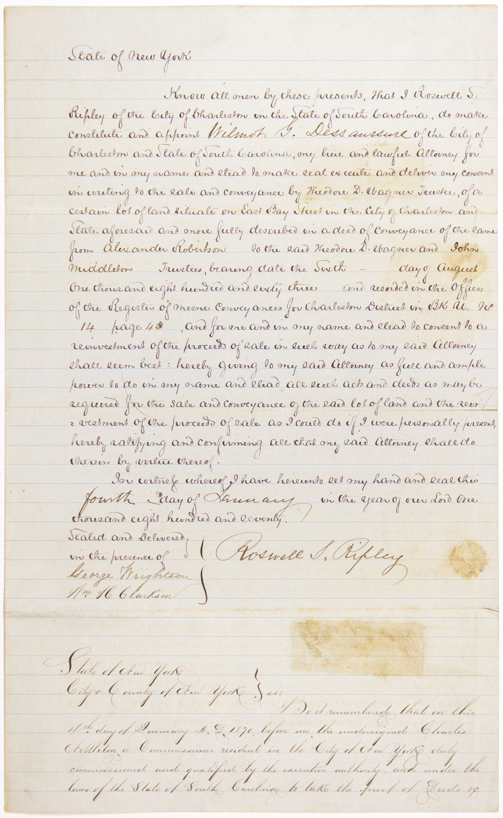 ROSWELL S. RIPLEY: (1823-1887) Confederate brigadier general who was present at the bombing of Fort Sumter, and saw action at Antietam, Fredericksburg, and Bentonville. Fine association manuscript D.S., 2pp. large
