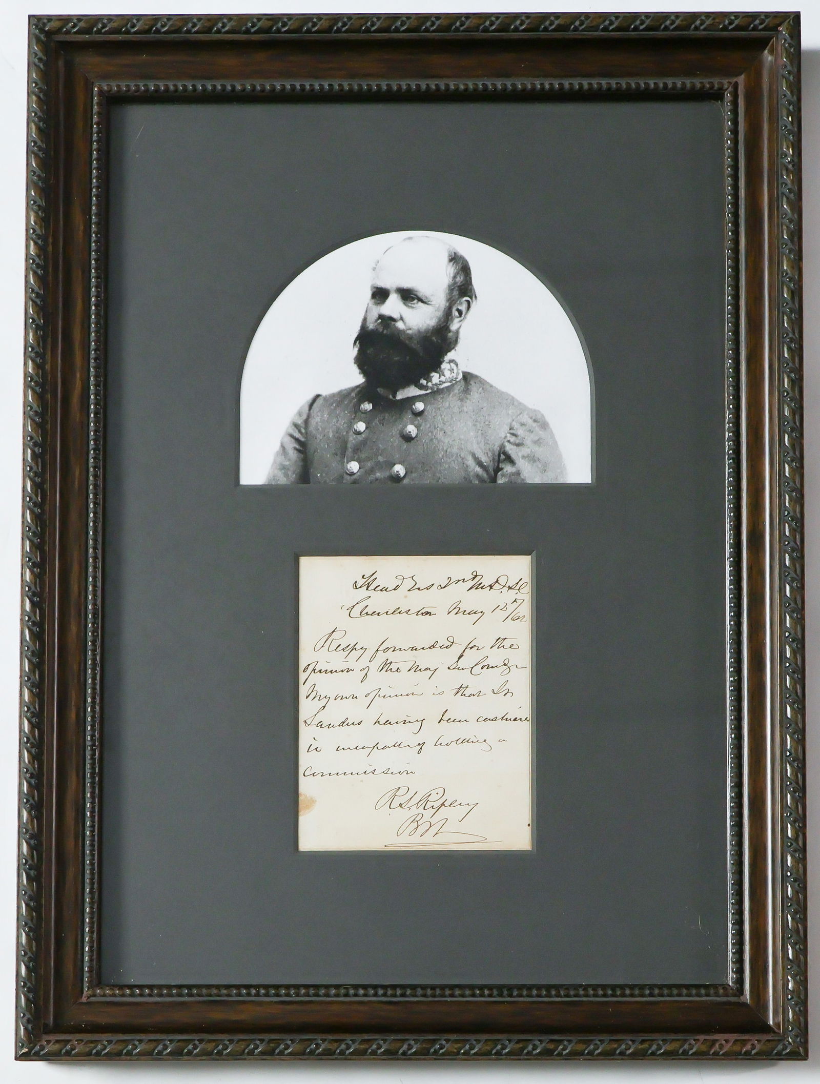 ROSWELL S. RIPLEY: (1823 - 1887) Confederate brigadier general who was present at the bombing of Fort Sumter, and saw action at Antietam, Fredericksburg, and Bentonville. War-date A.E.S. as brigadier general cut from a