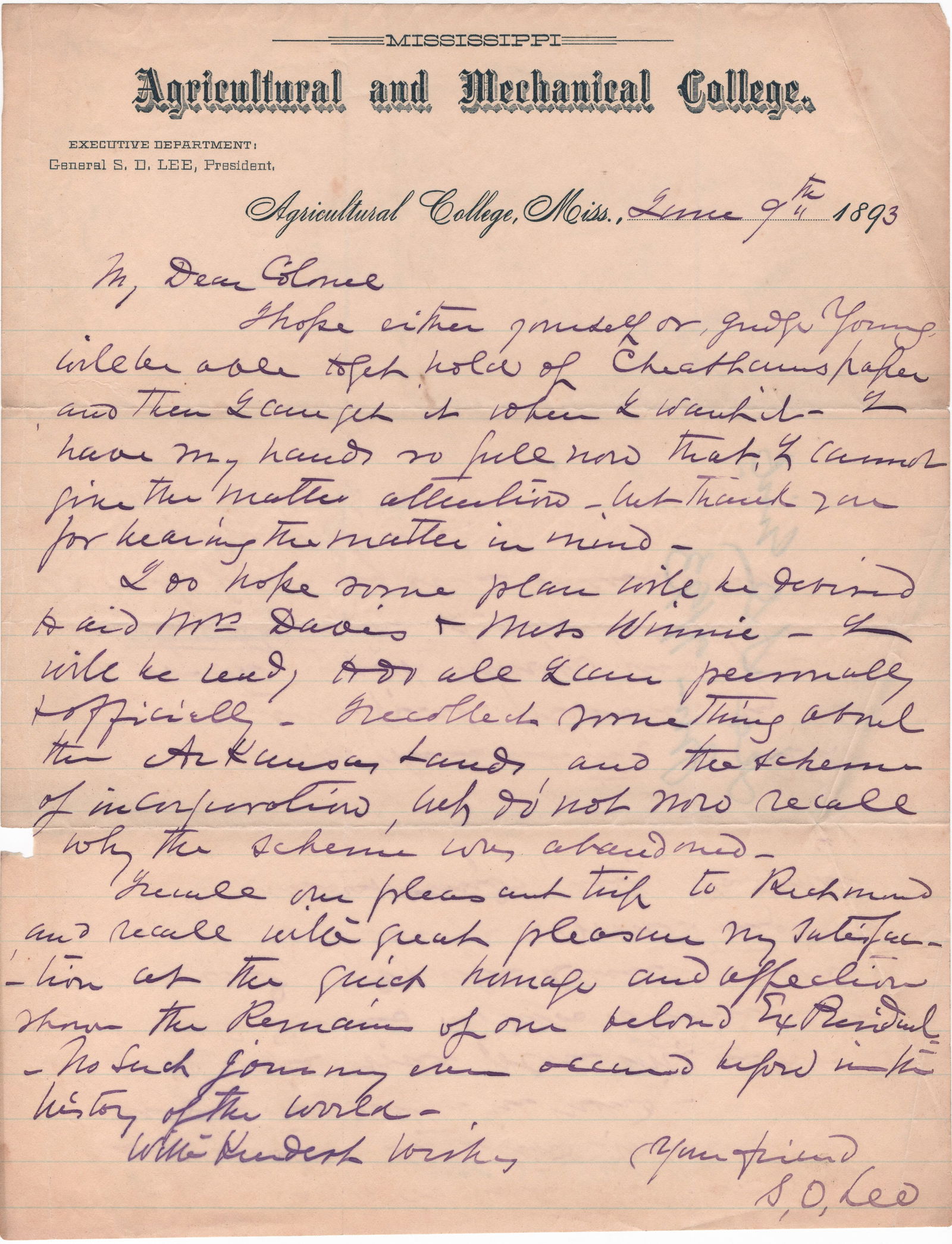 STEPHEN D. LEE: (1833 - 1908) Confederate Lieutenant General who directed artillery at Second Bull Run and Antietam, later led a corps at Atlanta and in the Carolinas. Fine content A.L.S. ‘S. D. Lee’, 1p.