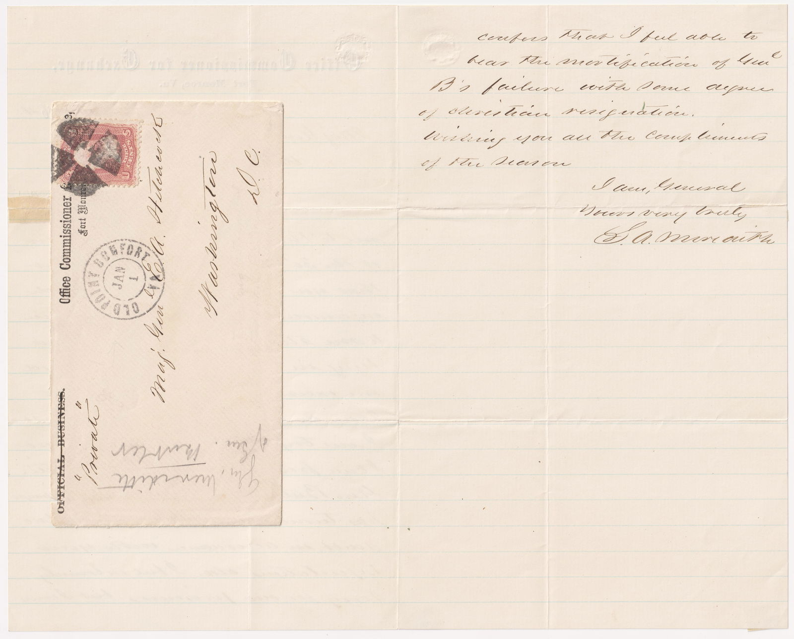 SULLIVAN A. MEREDITH: (1816 – 1874) Union general, wounded in action at Second Bull Run and subsequently served as commissioner for the exchange of prisoners of war. Good content and association, war-date A.L.S. 2pp.