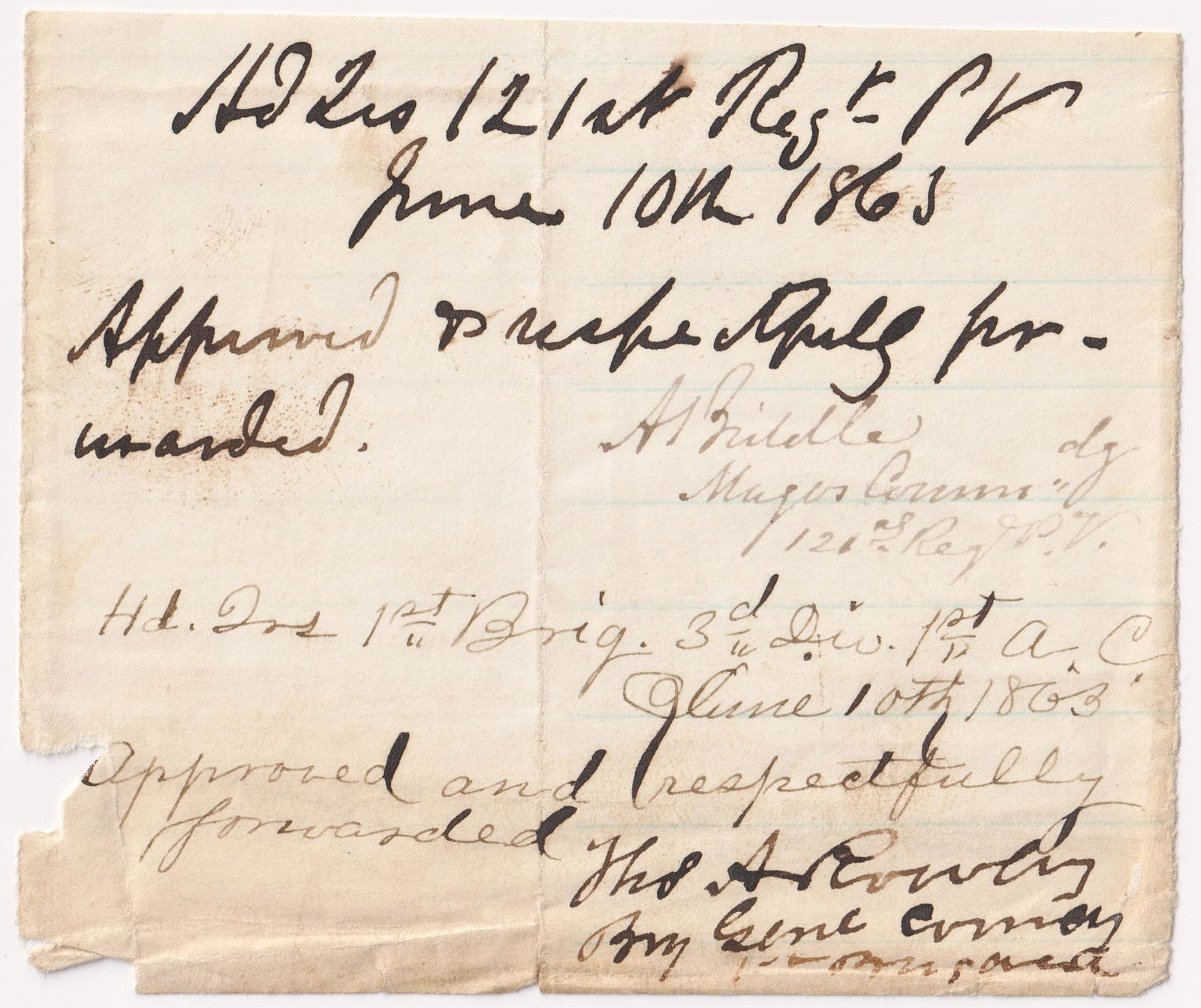 THOMAS A. ROWLEY: (1808-1892) Union brigadier general, led his regiment at Yorktown and Williamsburg, as well as a division at Fredericksburg. Scarce signed endorsement on a 3.5 x 3 in. slip of paper cut from a larger