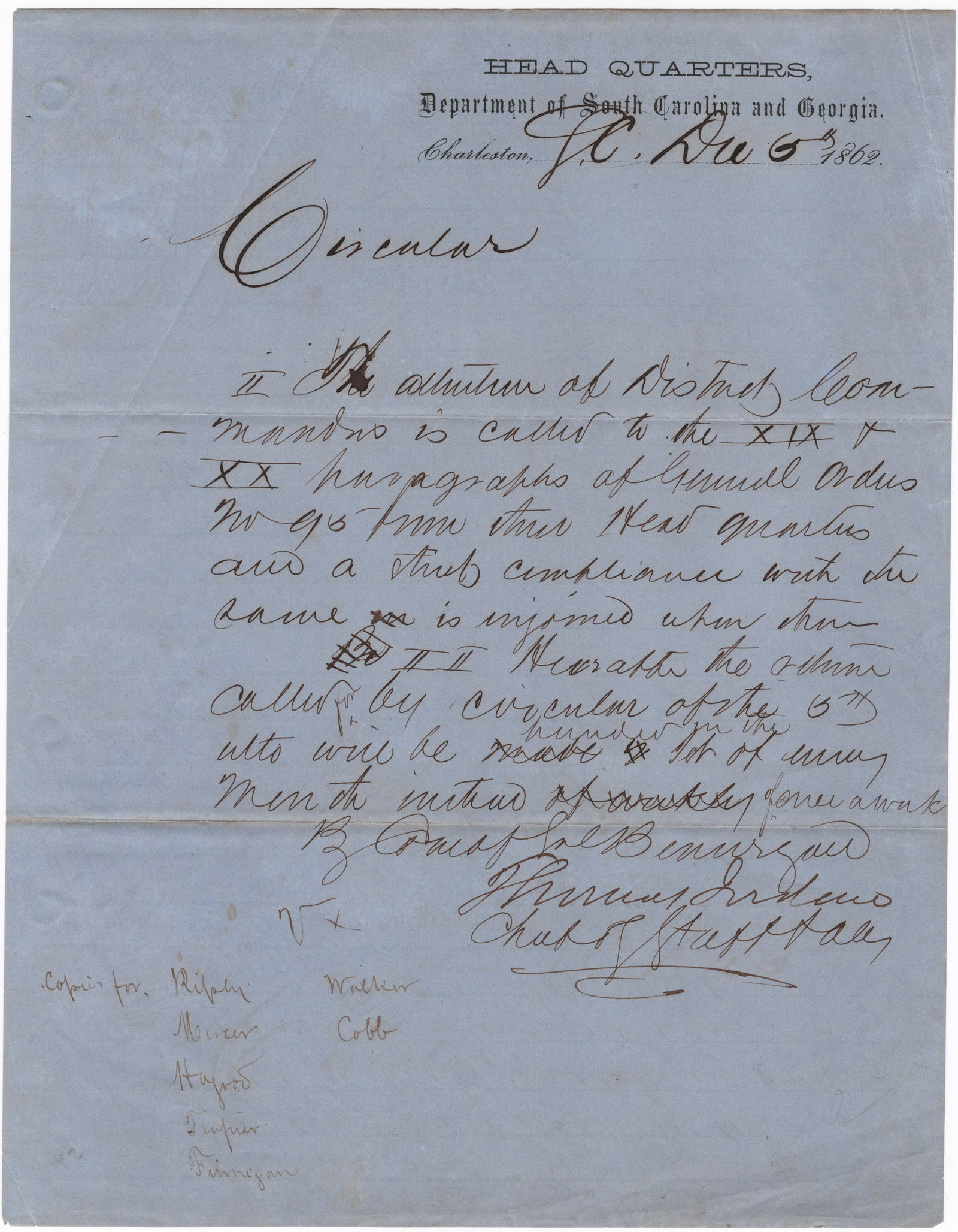THOMAS JORDAN: (1819-1895) Confederate brigadier general who served under Beauregard at First Bull Run, and later under Johnston at Shiloh. War-date manuscript D.S., 1p. 4to., Charleston, Dec. 5, 1862, a