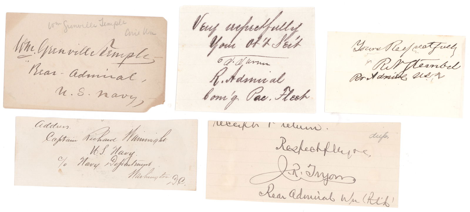 U.S. NAVY FLAG OFFICERS (54): A comprehensive lot of signatures executed by U.S. Navy Rear Admirals and Commodores who gave notable service during the Civil War, the War of 1812, the Mexican-American War, the Spanish-American War