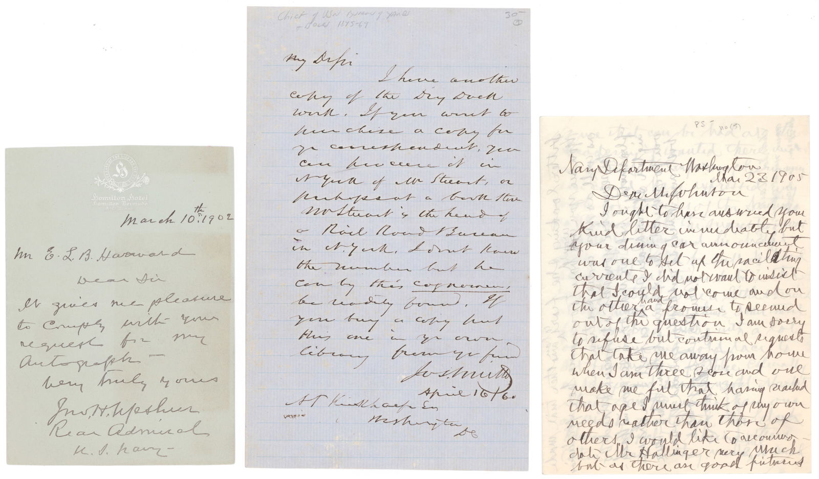 U.S. NAVY FLAG OFFICERS (6): A fine lot of six items signed by U.S. Navy Rear Admirals and Commodores who gave notable service during the Civil War and other nineteenth-century conflicts. Includes: MELANCTON SMITH (1810-1893