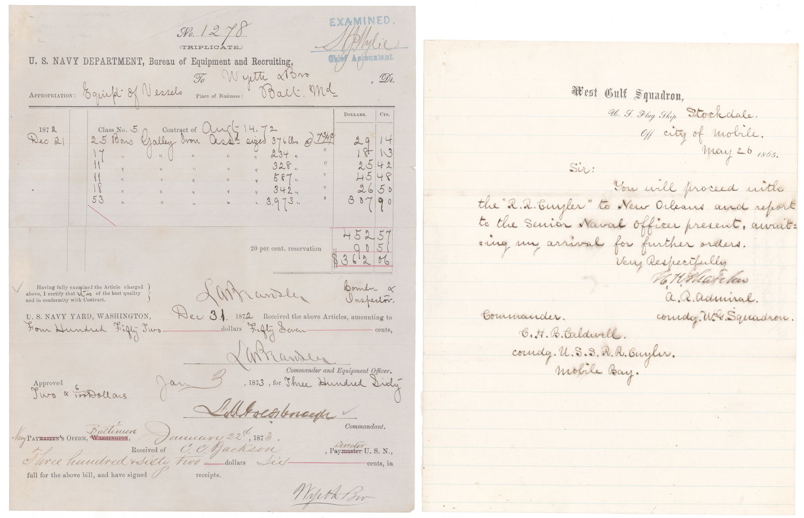 U.S. NAVY FLAG OFFICERS (6): A fine lot of six items signed by U.S. Navy Rear Admirals and Commodores who gave notable service during the Civil War and other nineteenth-century conflicts. Includes: HENRY K. THATCHER (1806-1880) U