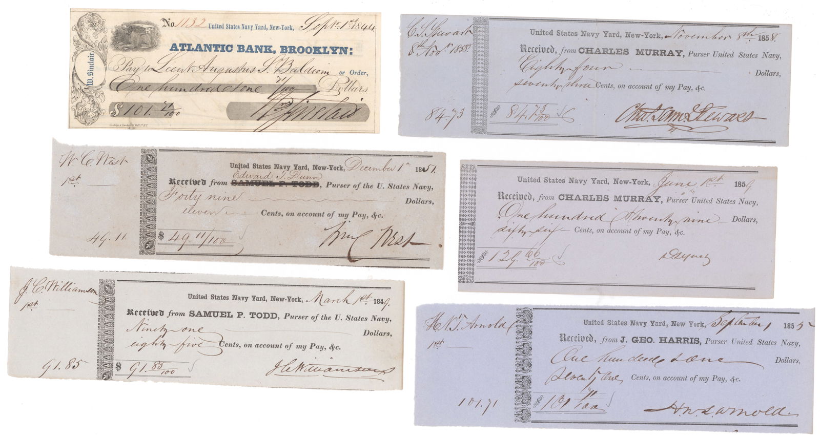 U.S. NAVY PAY RECEIPTS (48): A comprehensive lot of 48 partly-printed pay receipts, each approx. 8 x 3 in., issued to officers and men of all ranks and stations of the pre-Civil War U. S. Navy. All are dated between 1844 and