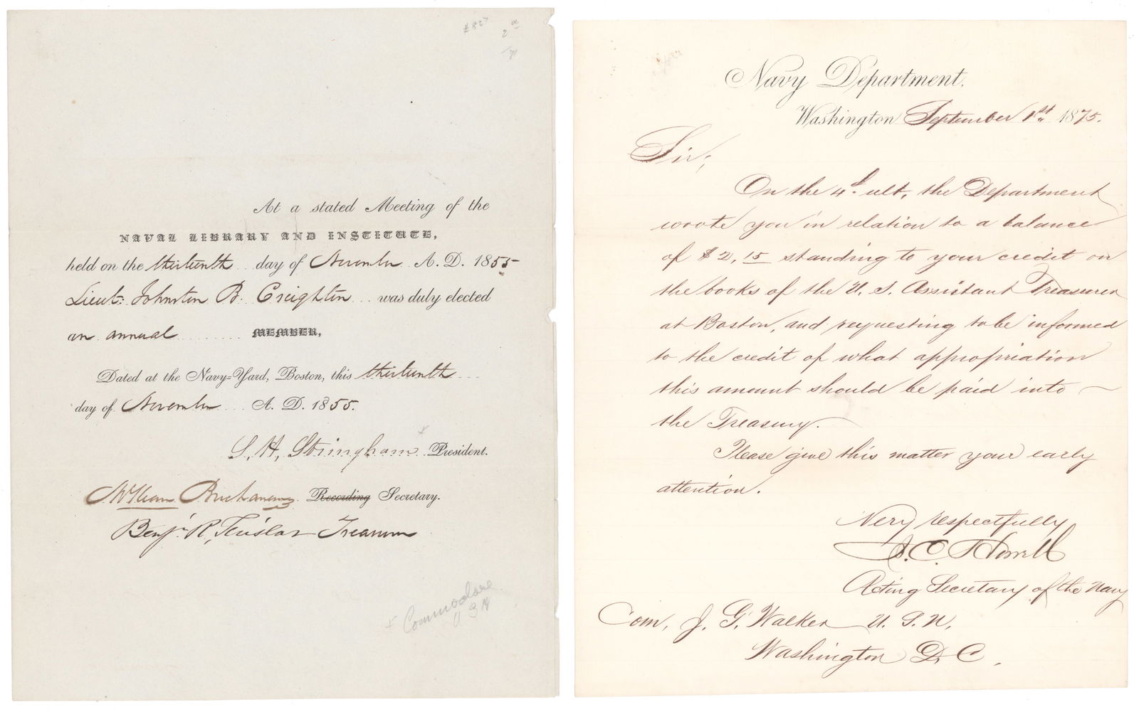 U.S. NAVY REAR ADMIRALS (6): A fine lot of six items signed by U.S. Navy Rear Admirals who gave notable service during the Civil War. Includes: SILAS H. STRINGHAM (1798-1876) Union rear admiral who commanded the North Atlantic
