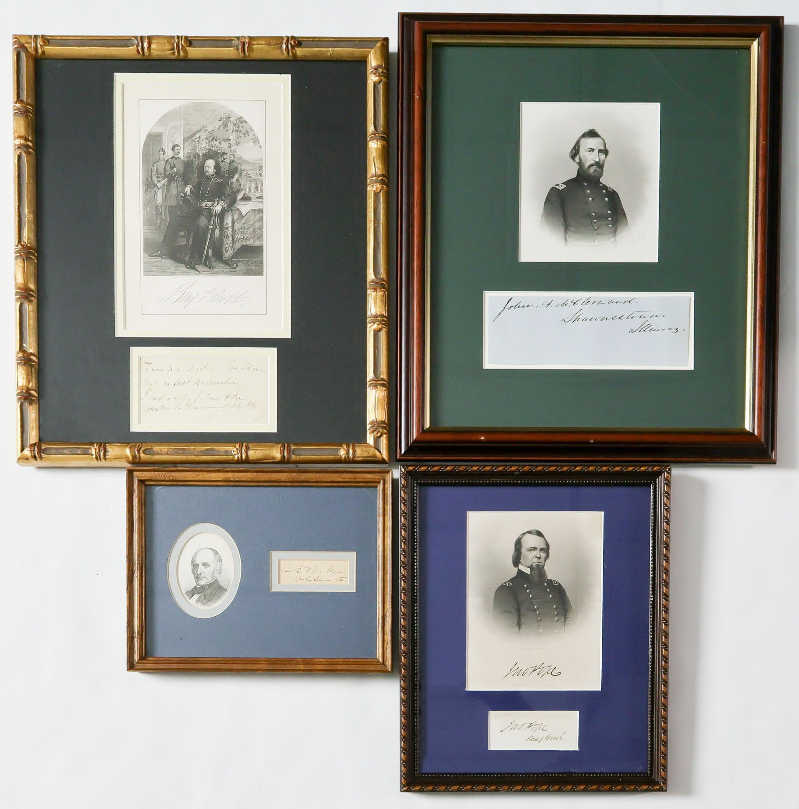 UNION GENERALS (4): Lot of four signatures of prominent Union generals, including: BENJMAIN F. BUTLER (1818-1893; JOHN POPE (1822-1892) who adds rank as major general; JOHN A. MCCLERNAND (1812-1900), and EDWIN D. BAKER (