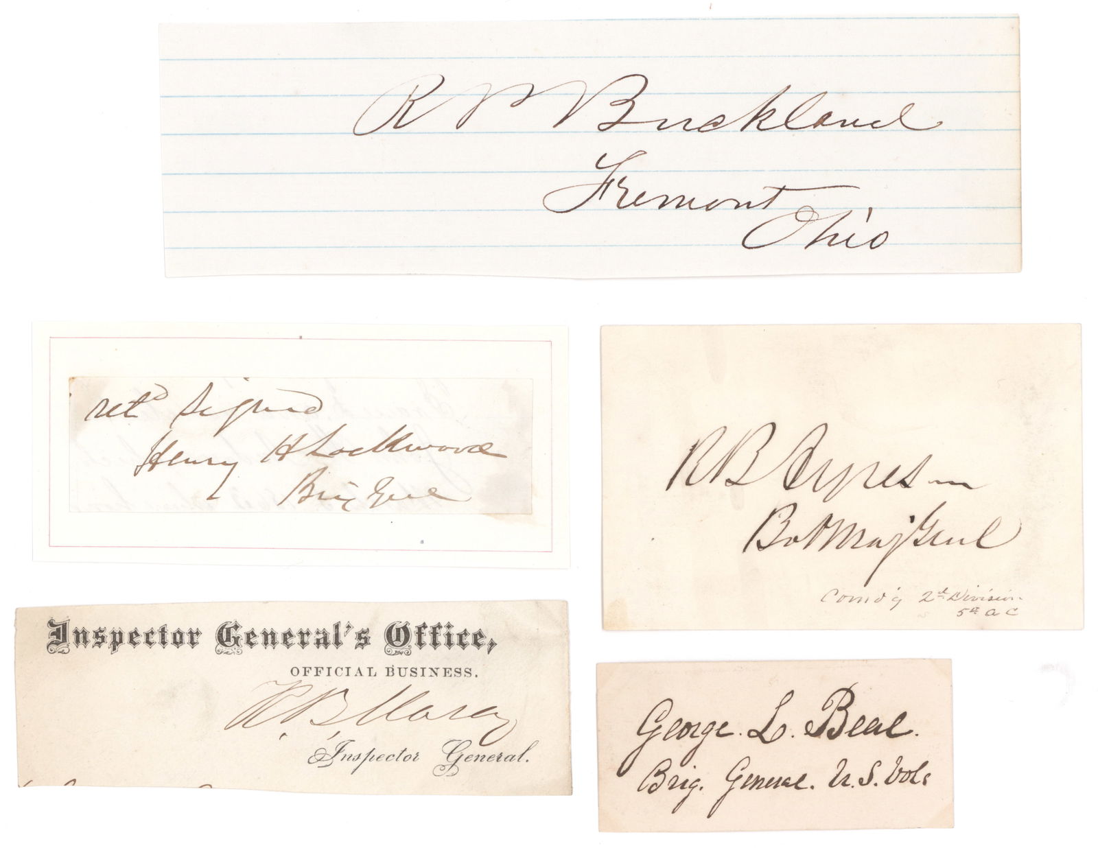 UNION GENERALS (5): Good lot of five items signed by notable Union general, includes: ROMEYN B. AYRES (1825 - 1888) Union brigadier general, engaged in the First Bull Run Campaign, and was heavily involved in the Battle
