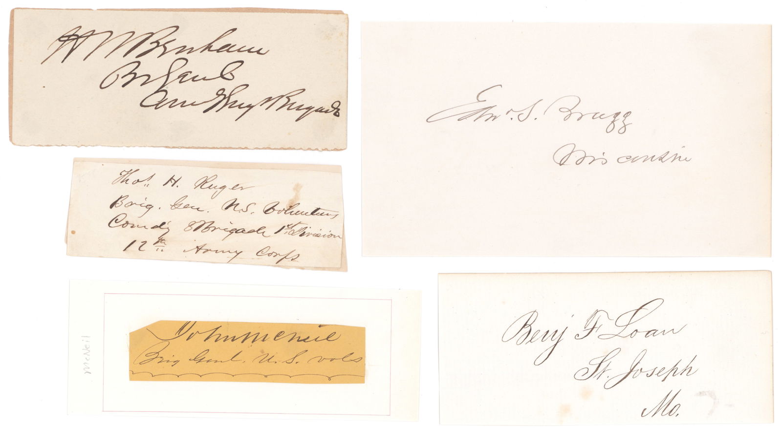 UNION GENERALS (5): Good lot of five items signed by notable Union generals, includes: HENRY W. BENHAM (1813 – 1884) Union brigadier general of engineers, commanded a brigade at New Creek. He disobeyed orders and