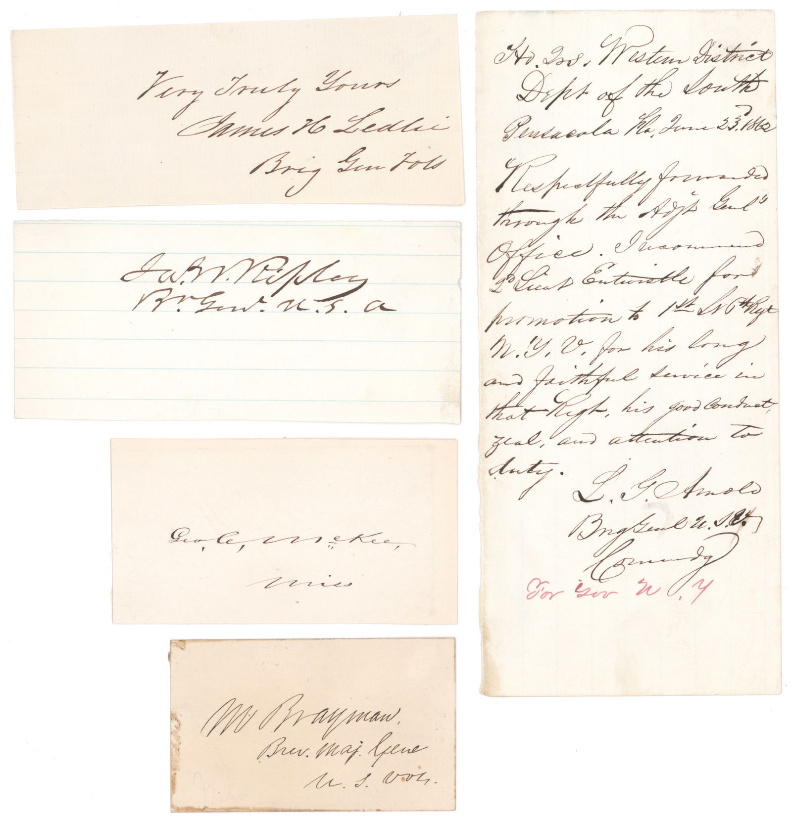 UNION GENERALS (5): Good lot of five items signed by notable Union generals, includes: JAMES H. LEDLIE (1832 – 1882) Union brigadier general best known for his dereliction of duty at the Battle of the Crater during