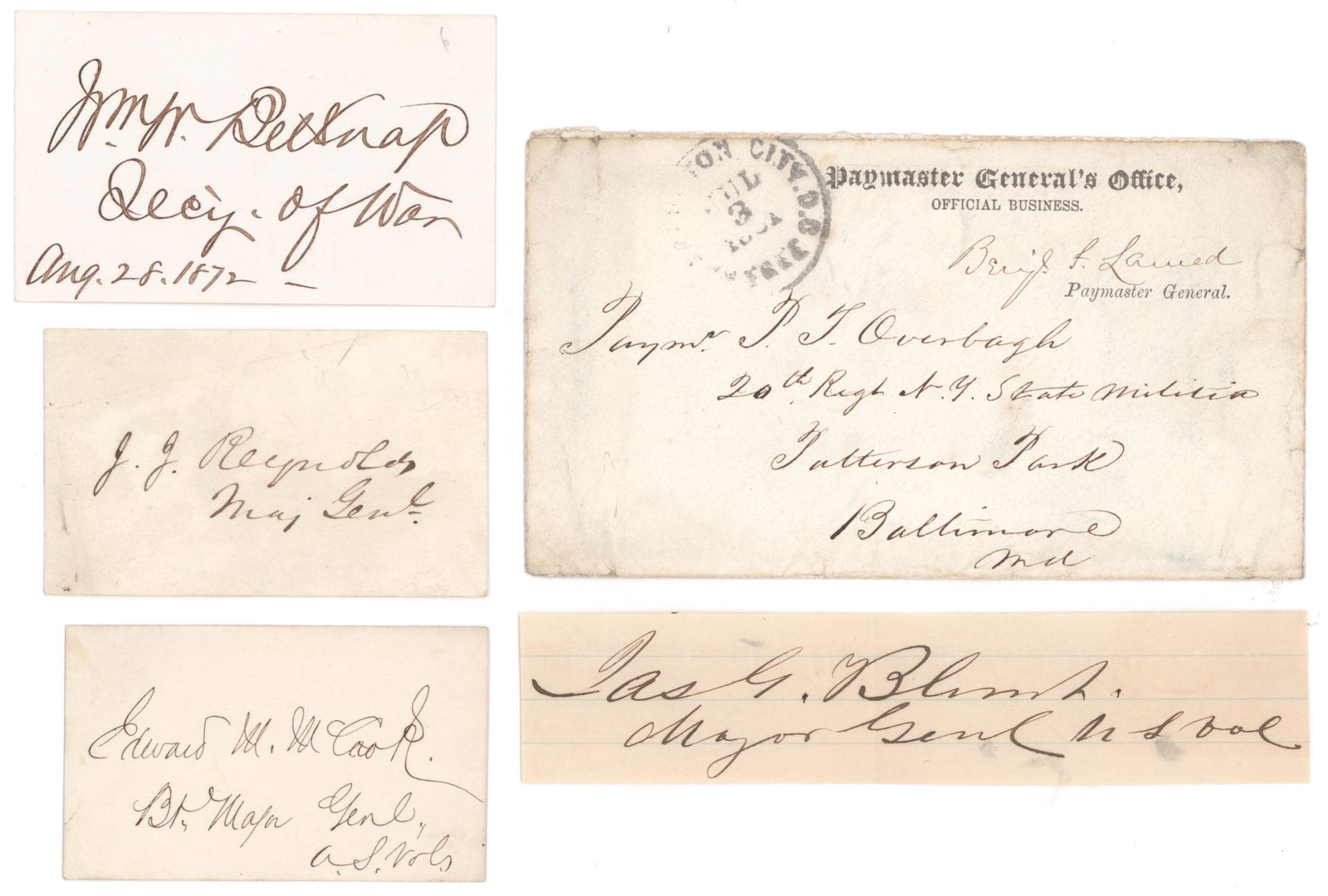 UNION GENERALS AND OFFICERS (5): Good lot of five items signed by notable Union generals and officers, includes: JAMES G. BLUNT (1826 - 1881) Union major general, defeated by Quantrill's Raiders at the Battle of Baxter Springs in Kan