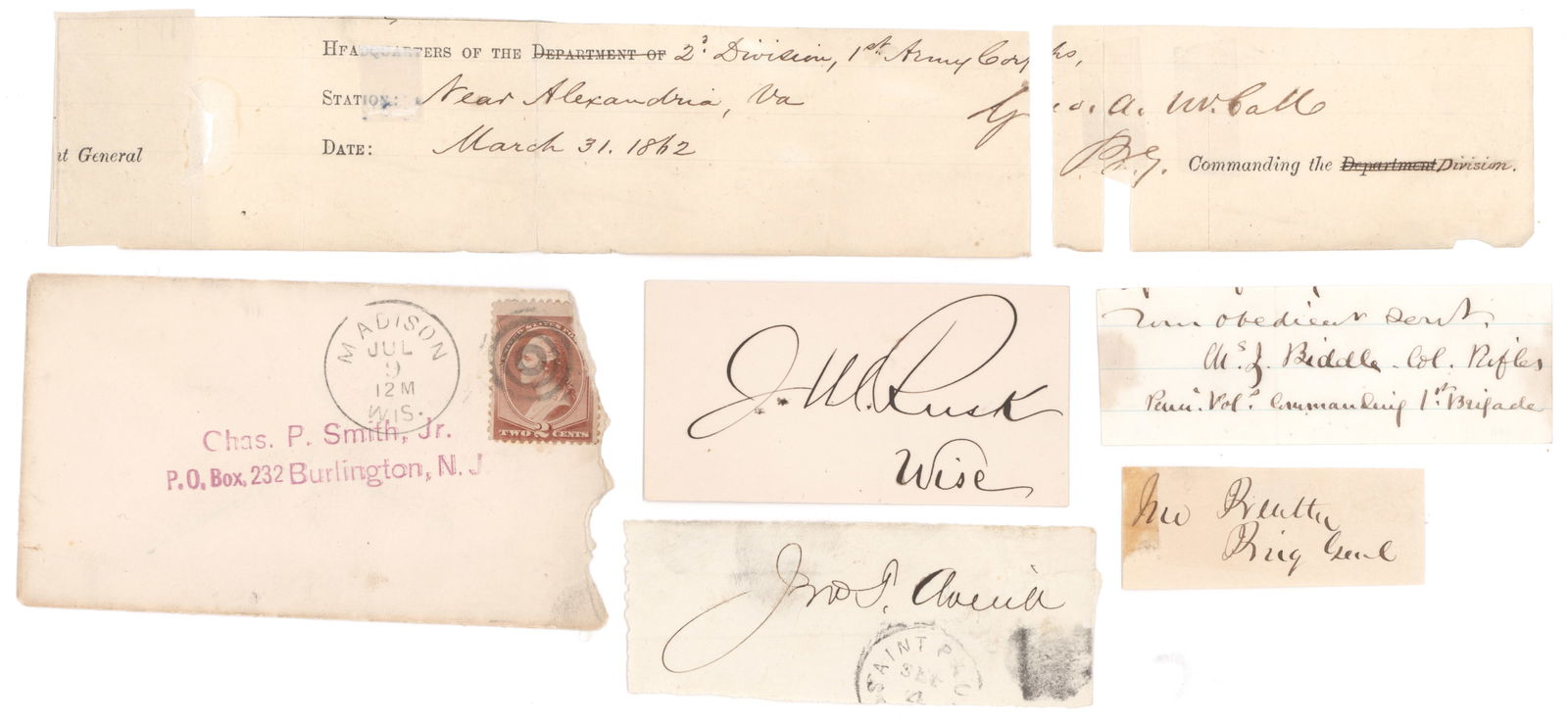 UNION GENERALS AND OFFICERS (6): Good lot of six items signed by notable Union generals and other officers, includes: JOHN BEATTY (1828 - 1914) Union brigadier general who fought at Stones River and had two horses killed under him at