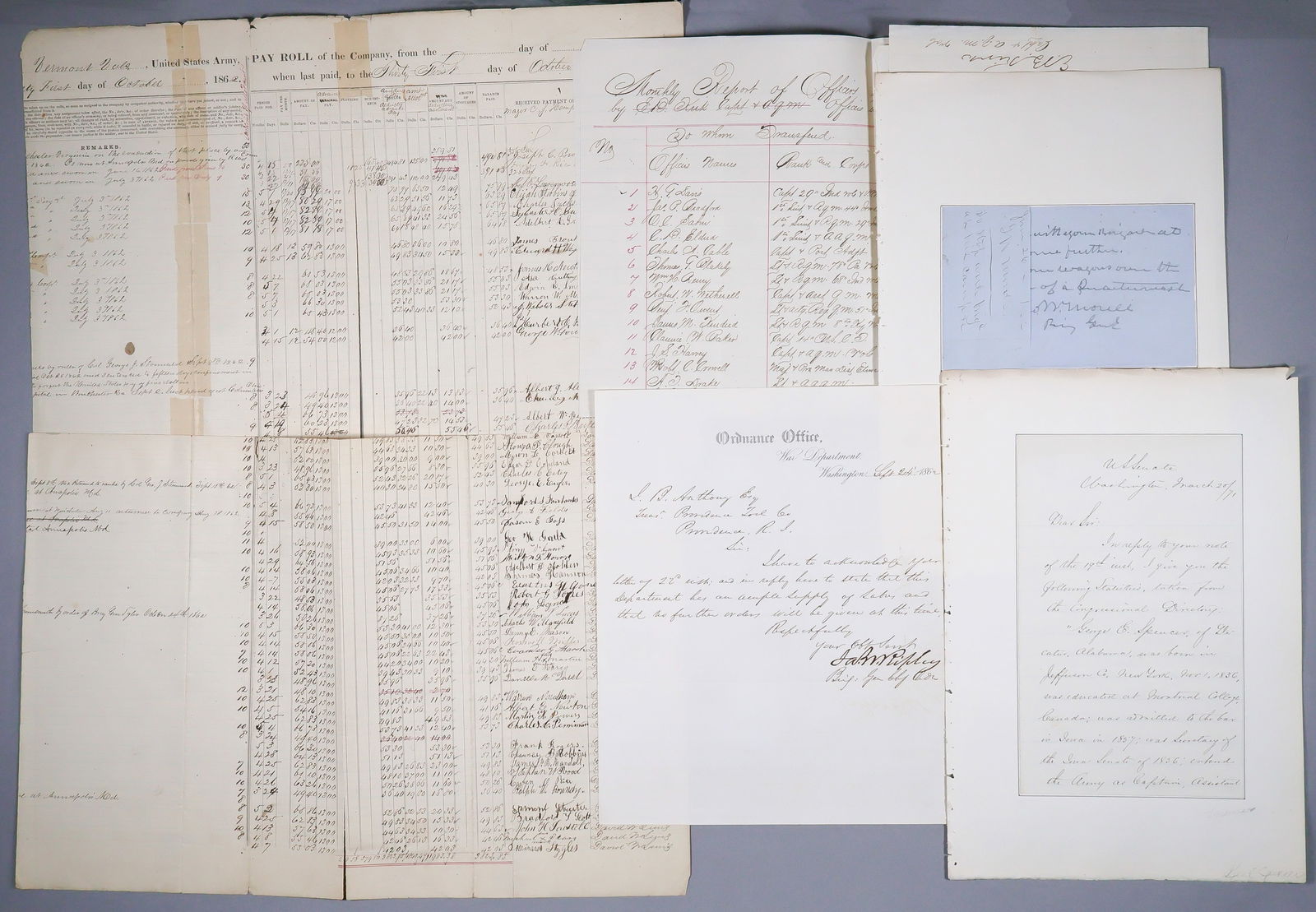 UNION OFFICERS (9): A group of items signed by prominent Union officers, in various formats (noted). Includes: GREEN CLAY SMITH (signature on a small sheet, mounted); JOHN E. SMITH (signature on a small narrow slip);