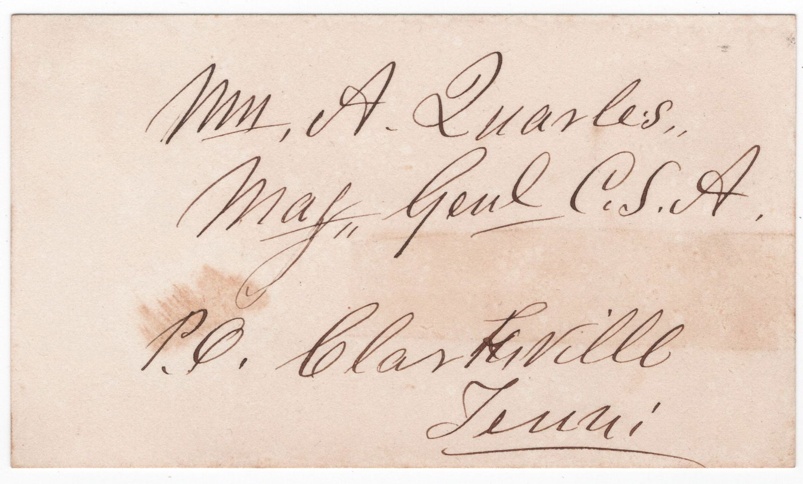 WILLIAM A. QUARLES: (1825-1893) Confederate brigadier general who led a brigade through the Atlanta Campaign and was captured at Franklin, Tenn. He was also captured at Ft. Donelson while a colonel. Bold signature