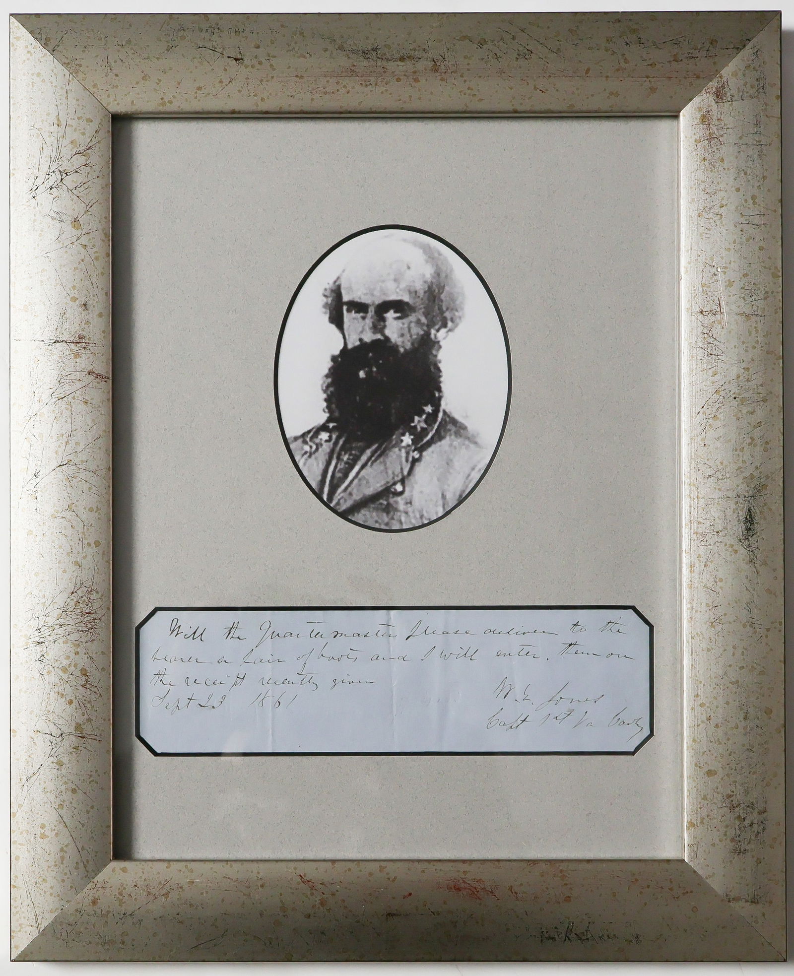 WILLIAM E. ‘GRUMBLE’ JONES: (1824 - 1864) Confederate brigadier general who fought with Stuart at Gettysburg, with Longstreet in Tennessee; killed at Piedmont. War-date A.D.S. as Captain, 1st Va. Cavalry, 1p. 2.25 x 7.5 in. (sig