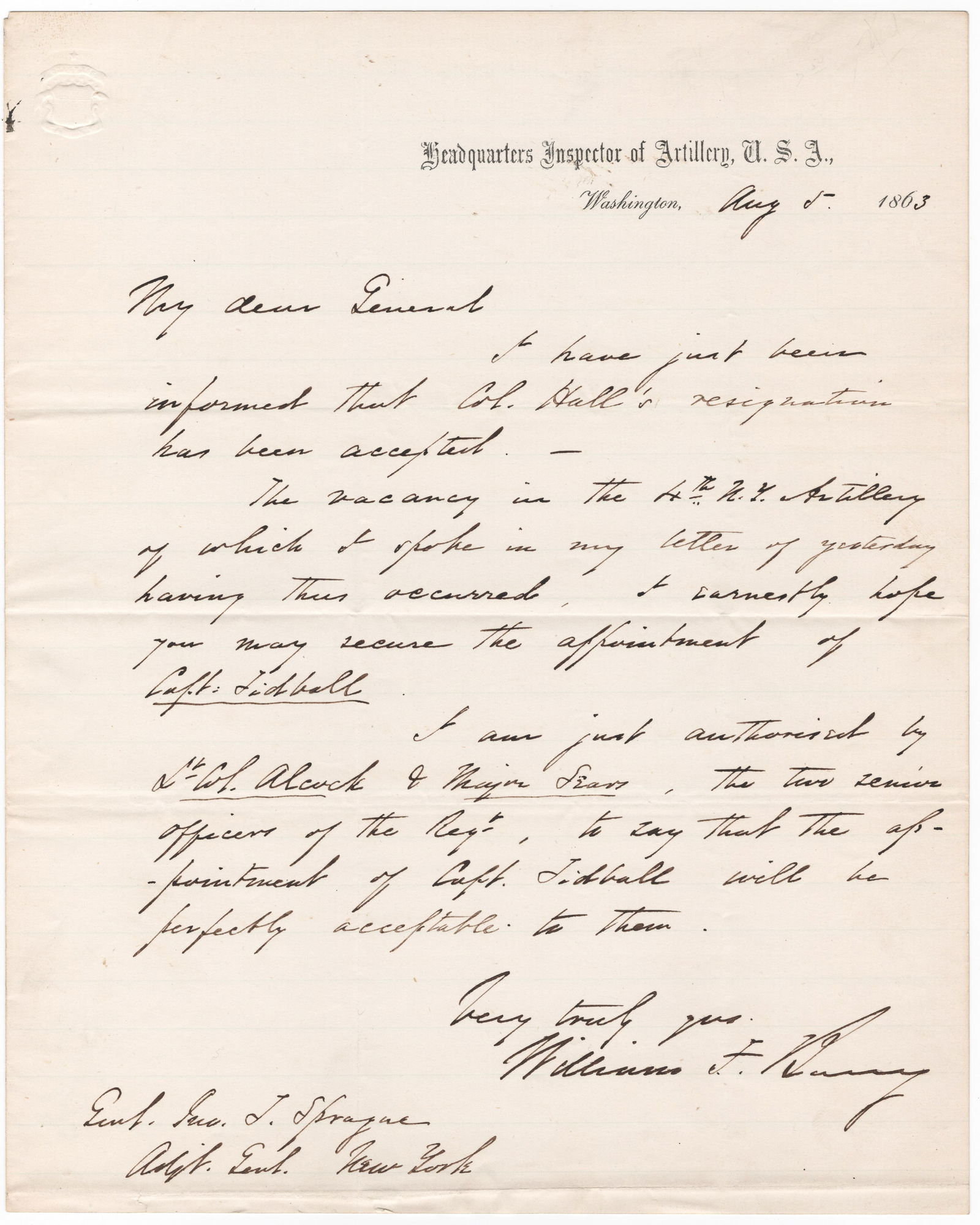 WILLIAM F. BARRY: (1818 - 1879) Union brigadier general who served as Chief of Artillery for McDowell and was with Sherman on the March to the Sea. Good association, war-date A.L.S., 1p, 4to., Washington, D.C., Aug. 5,