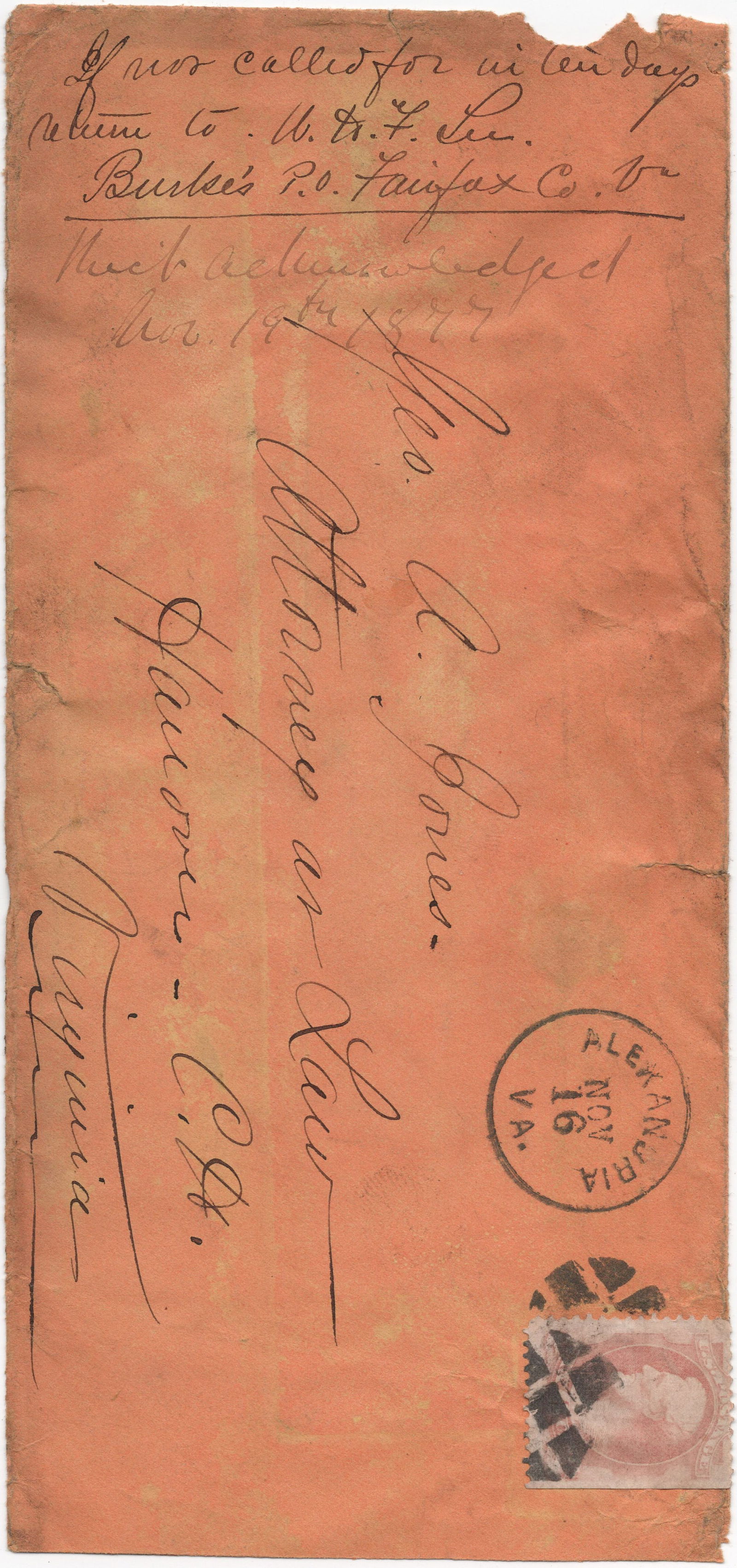 WILLIAM HENRY FITZHUGH LEE: (1837 - 1891) Confederate major general of cavalry and son of R.E. Lee who fought at Chancellorsville, Fredericksburg, and surrendered at Appomattox. A.N.S. vertically on the left edge of a transmitta