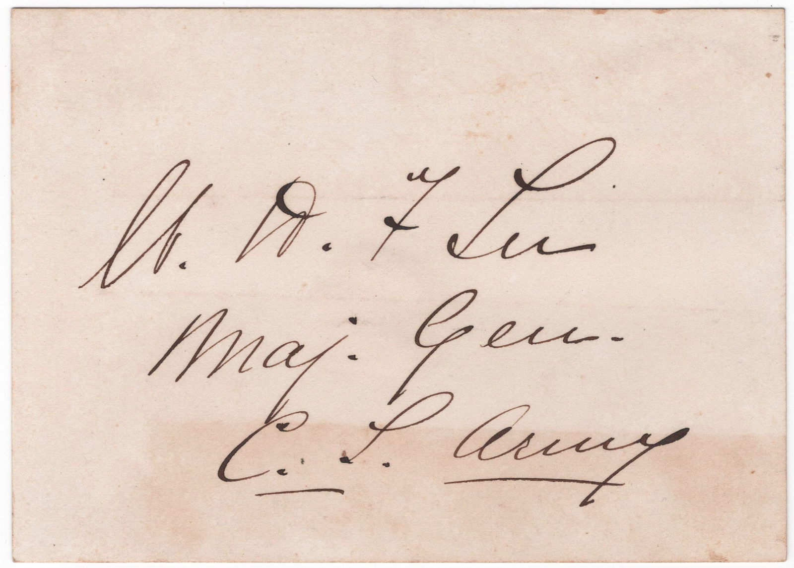 WILLIAM HENRY FITZHUGH LEE: (1837 - 1891) Confederate major general of cavalry and son of R.E. Lee who fought at Chancellorsville, Fredericksburg, and surrendered at Appomattox. Bold signature ‘W. H. F. Lee’ in black