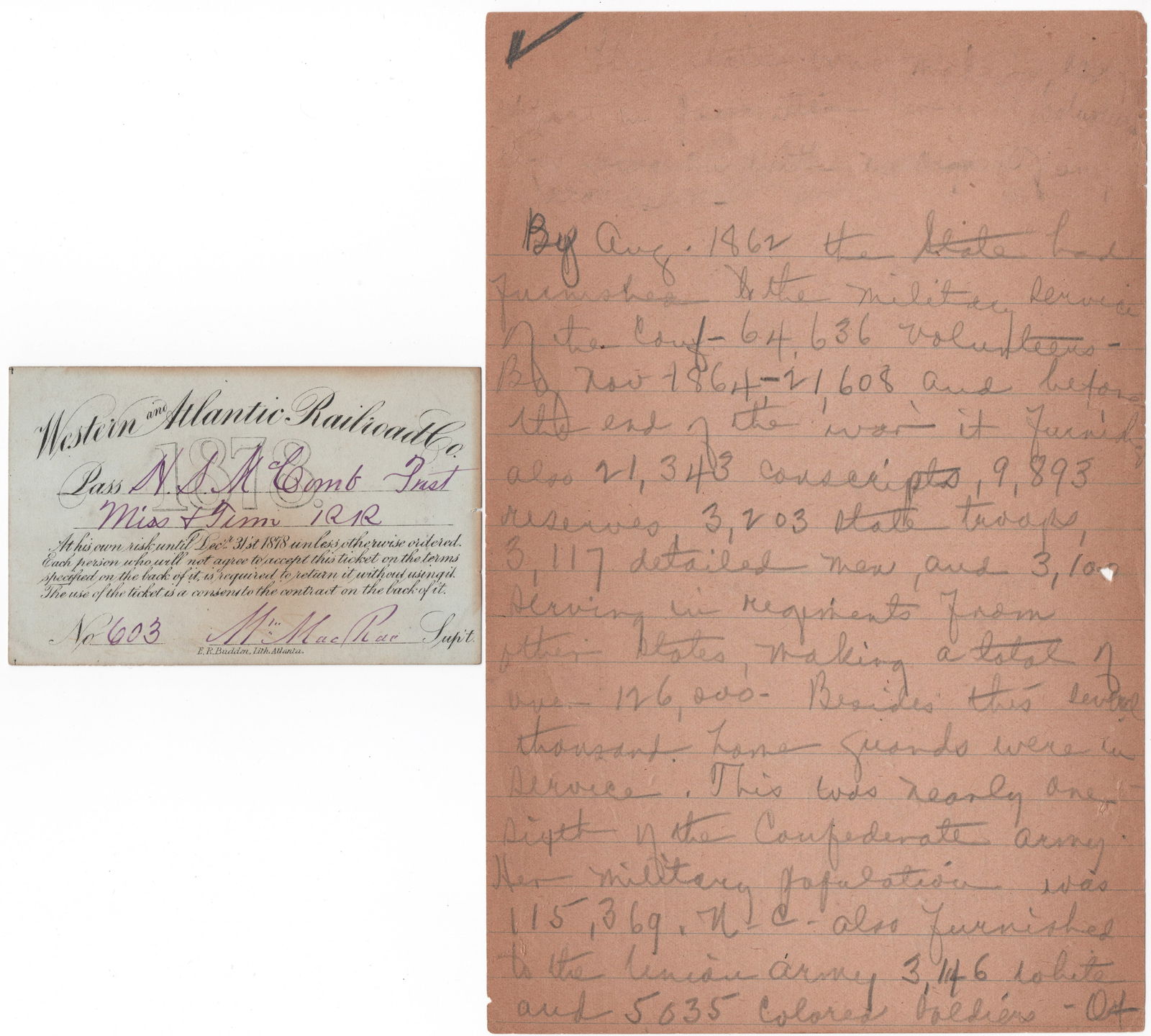 WILLIAM MACRAE: (1834-1882) Confederate brigadier general who fought with distinction at Antietam and Bristoe Station, and at Ream's Station. Signature ‘Wm MacRae’ in violet ink as superintendent of the