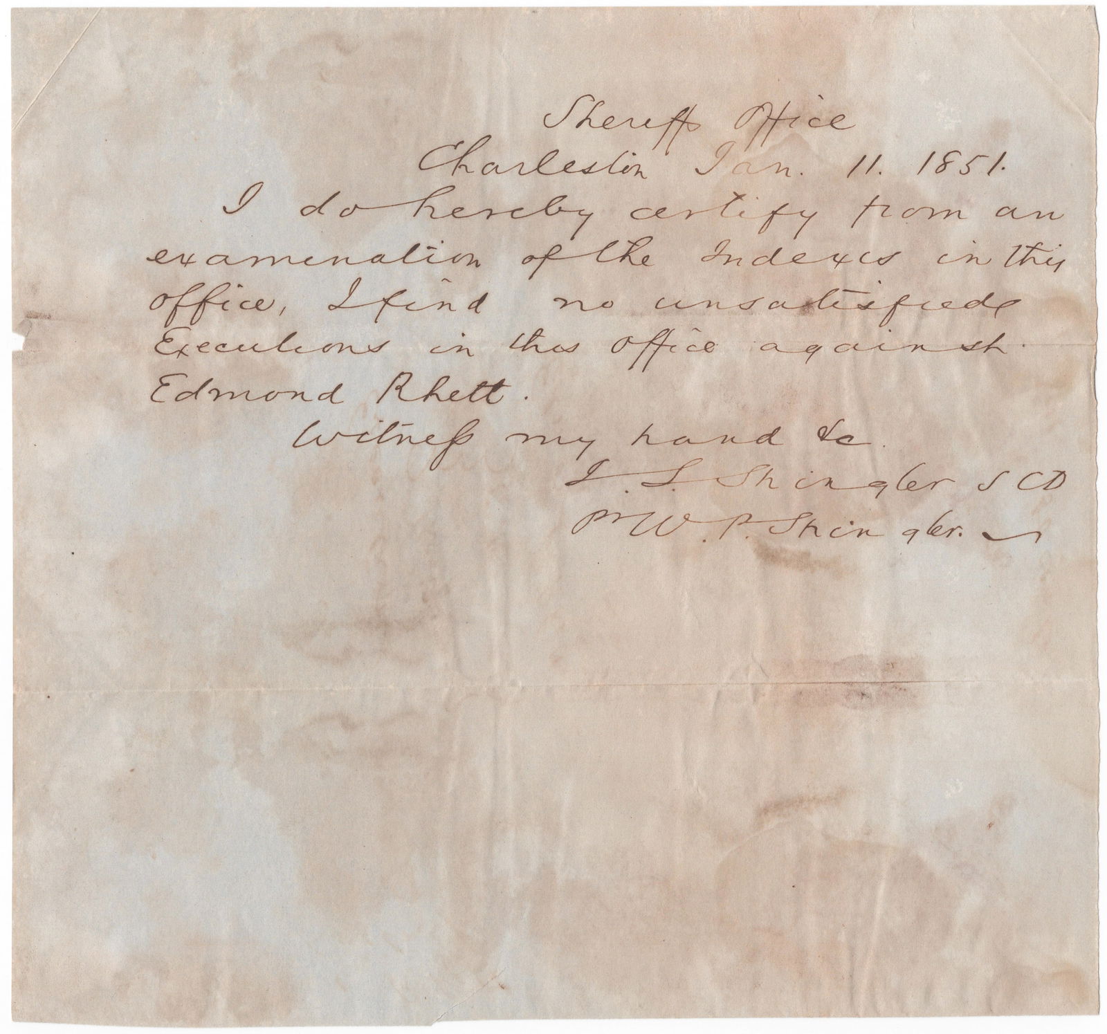 WILLIAM P. SHINGLER: (1827 - 1869) Confederate colonel from Charleston who signed South Carolina’s Ordinance of Secession. He raised the 7th S.C. Cavalry and served on the staffs of Robert E. Lee and Bernard Bee. He