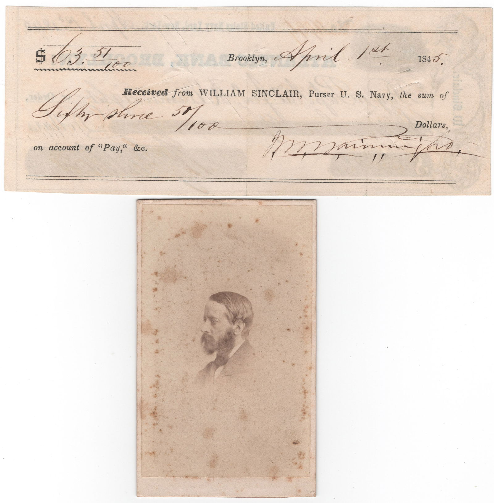 (UNION NAVY) JONATHAN M. WAINWRIGHT SIGNED C.D.V. AND PAYCHECK, K.I.A. AT GALVESTON: JONATHAN M. WAINWRIGHT (1821-1863) U.S. Navy lieutenant, commander of the revenue cutter USS HARRIET LANE. He was killed in action at the Battle for Galveston on Jan. 1, 1863, when the Union fleet