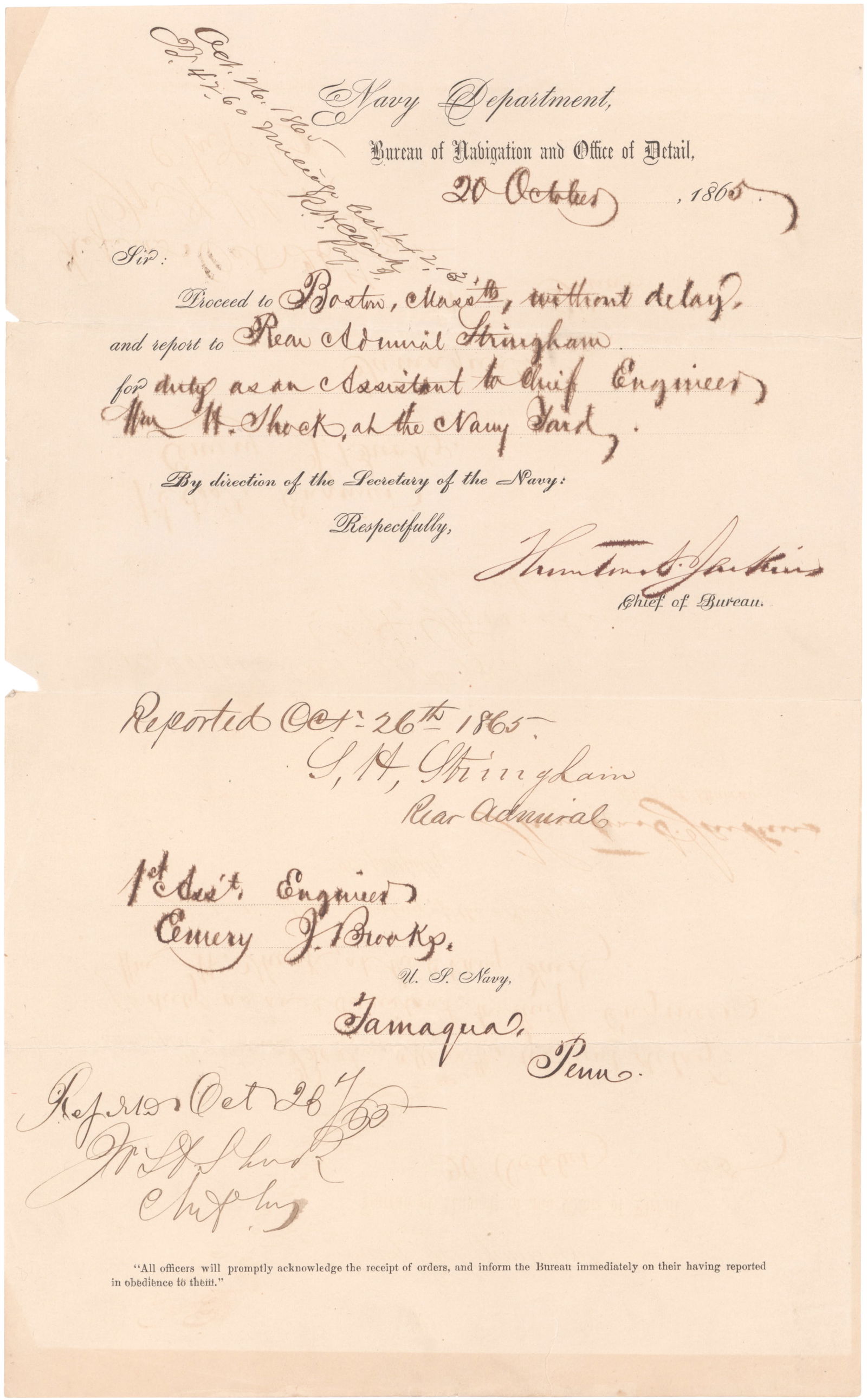 (UNION NAVY) REAR ADMIRAL THORNTON JENKINS DOCUMENT GROUP (6): THORNTON A. JENKINS (1811-1893) U.S. Navy Rear Admiral, commanded the steam sloops USS WACHUSETT, USS ONEIDA, USS RICHMOND and USS HARTFORD, and participated in the capture of Port Hudson and the