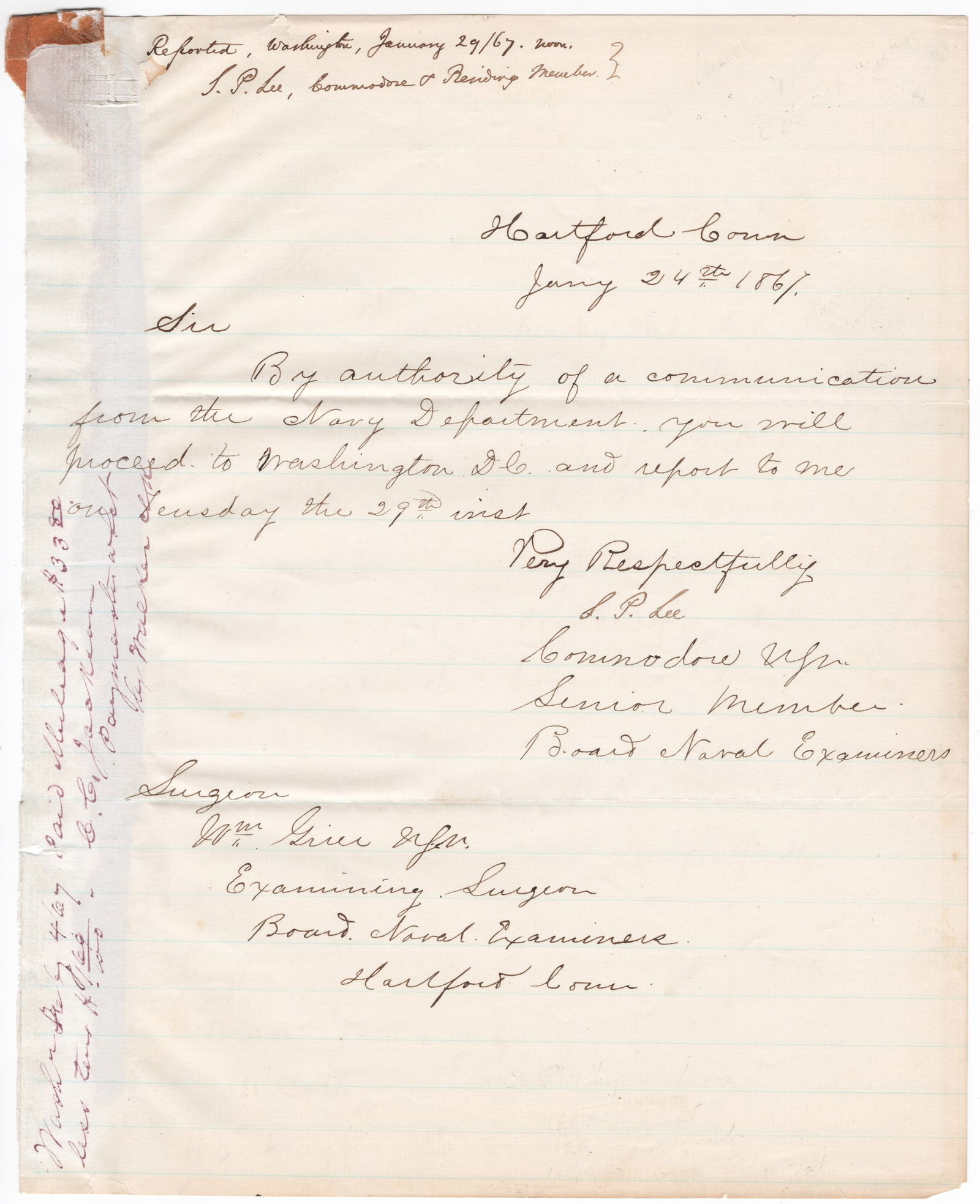 (UNION NAVY) SAMUEL P. LEE: (1812 - 1897) U.S. Navy rear admiral and a relative of Robert E. Lee, he commanded the North Atlantic blockading squadron and was active at Vicksburg. Manuscript L.S. ‘S. P. Lee’ as commod