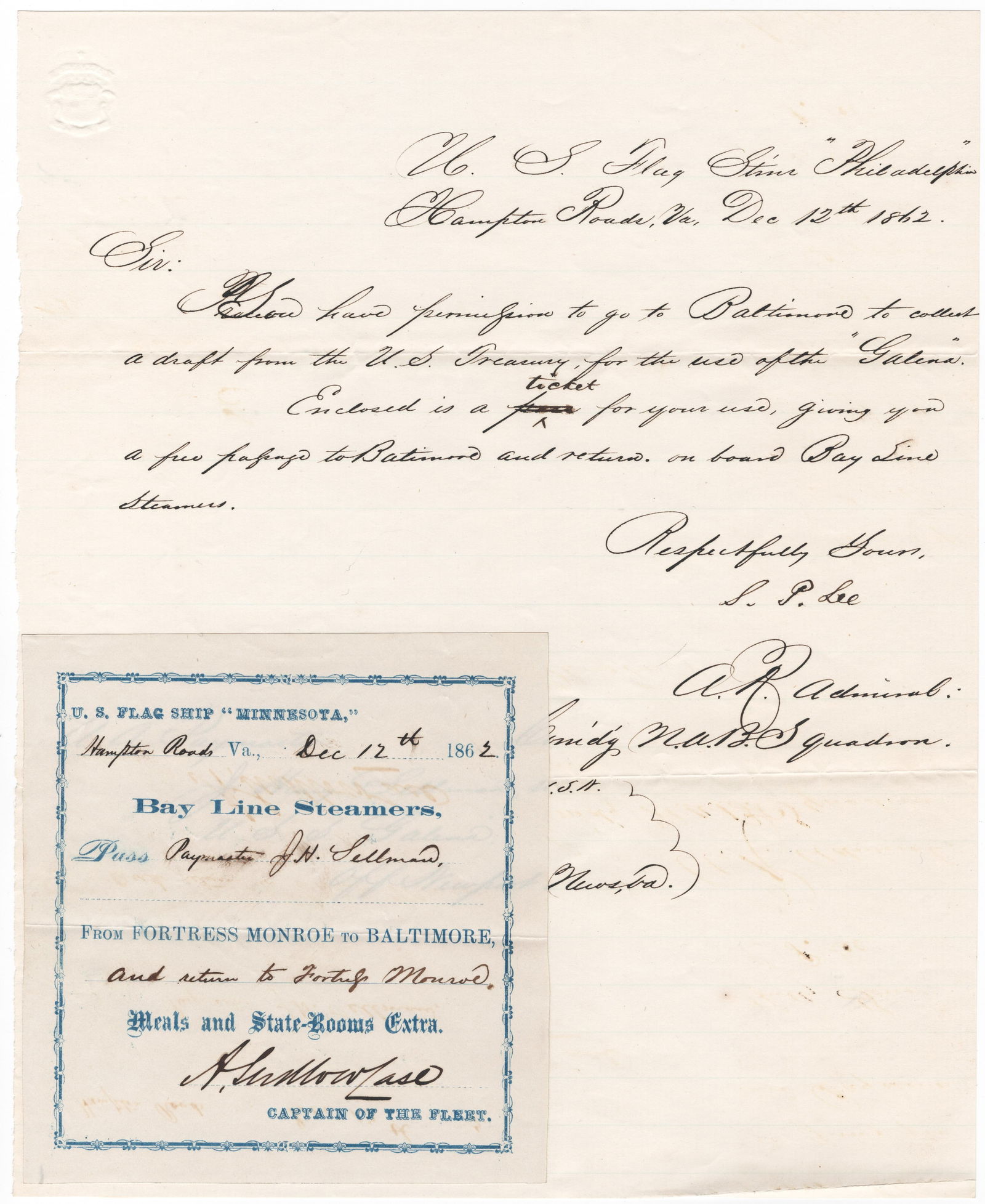 (UNION NAVY) SAMUEL P. LEE AND AUGUSTUS L. CASE: SAMUEL P. LEE (1812 - 1897) Union rear admiral and a relative of Robert E. Lee who commanded various blockading squadrons and was active at Vicksburg. War-date manuscript L.S. ‘S. P. Lee’,