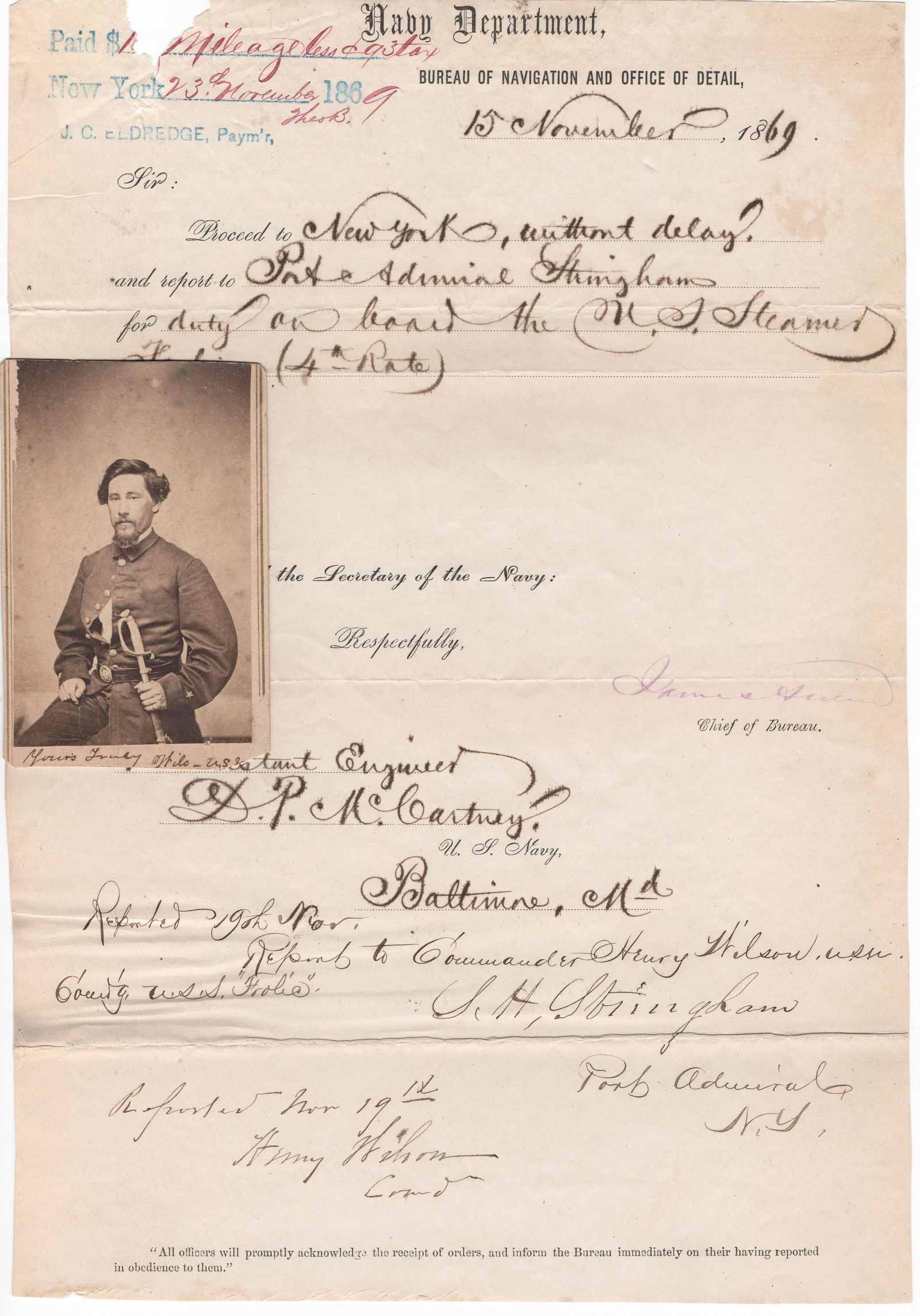 (UNION NAVY) USS OWASCO COMMANDER HENRY WILSON, COURT-MARTIALED FOR LOSING GALVESTON: A fine pair of signed items related to U.S. Navy officer Henry Wilson, commander of the gunboat USS OWASCO, includes: A fine signed carte de visite photograph, 2.5 x 4 in. sepia, a ¾ seated view