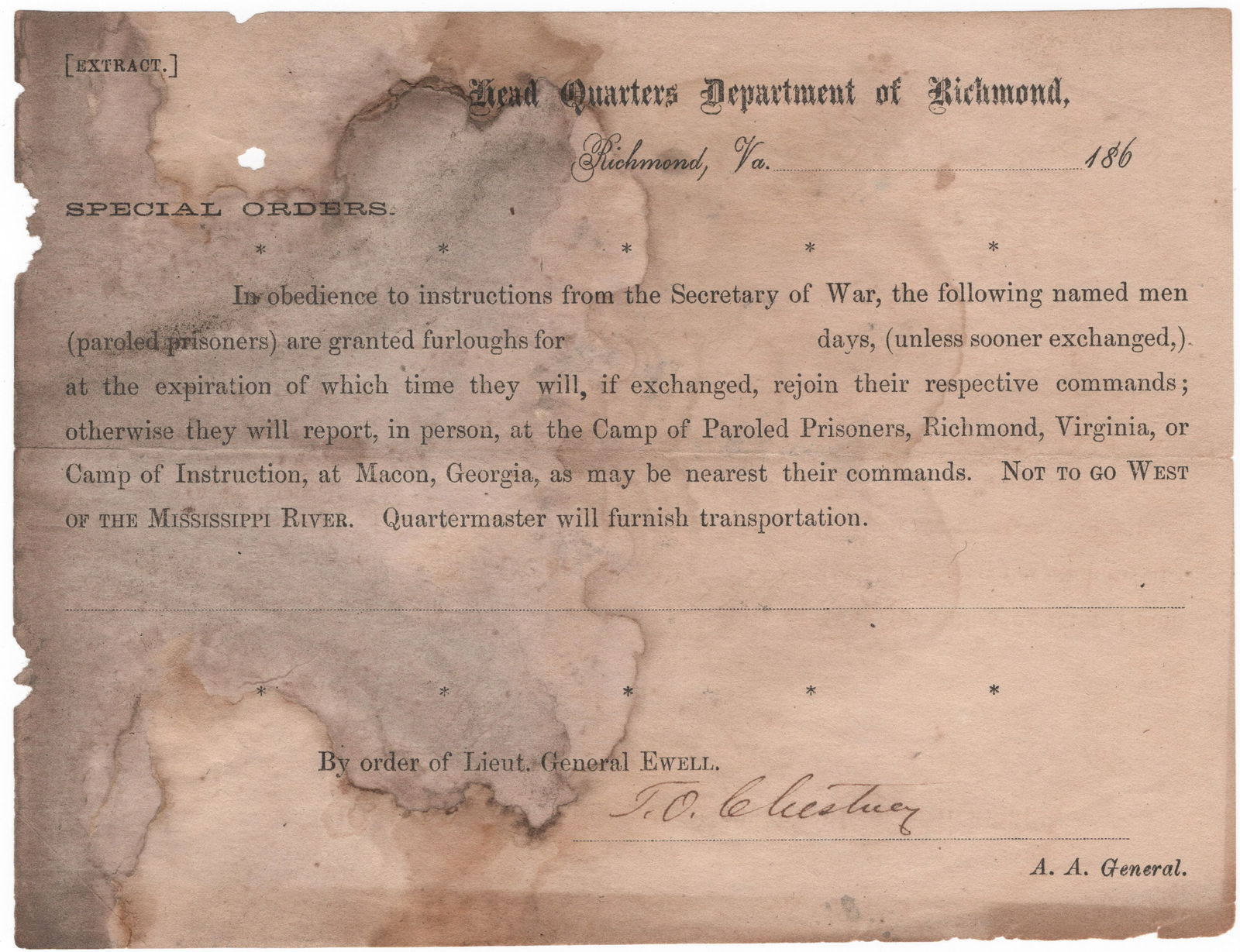 FURLOUGH PASS FOR PAROLED CONFEDERATE PRISONERS: An interesting and scarce printed D.S., 1p. oblong 8vo., Richmond, [n.d.], ‘Special Orders’ from the Head Quarters of the Department of Richmond, an unissued pass allowing paroled Confeder