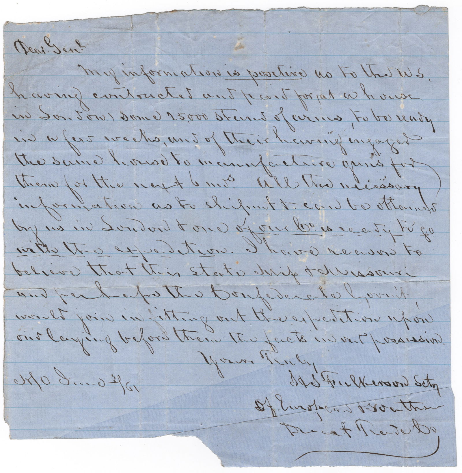 CONFEDERATE AGENT REPORTS ON RIFLES PURCHASED FROM ENGLAND BY THE UNION: A very interesting A.L.S., 1p. 4to., [N.P., poss. New Orleans or London], June 3, 1861, from HORACE S. FULKERSON (1818-1891), a special agent employed by the Confederate government to arrange the