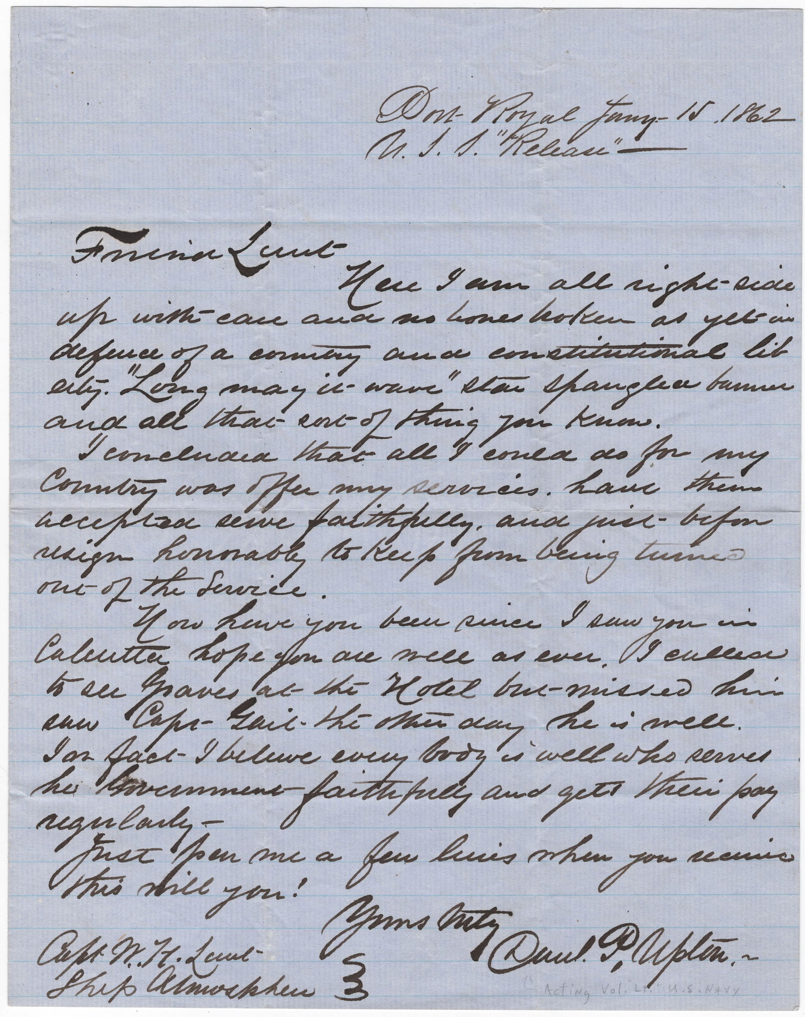 (UNION NAVY) USS RELEASE DESERTER WRITES TO A COMRADE (1 of 1)