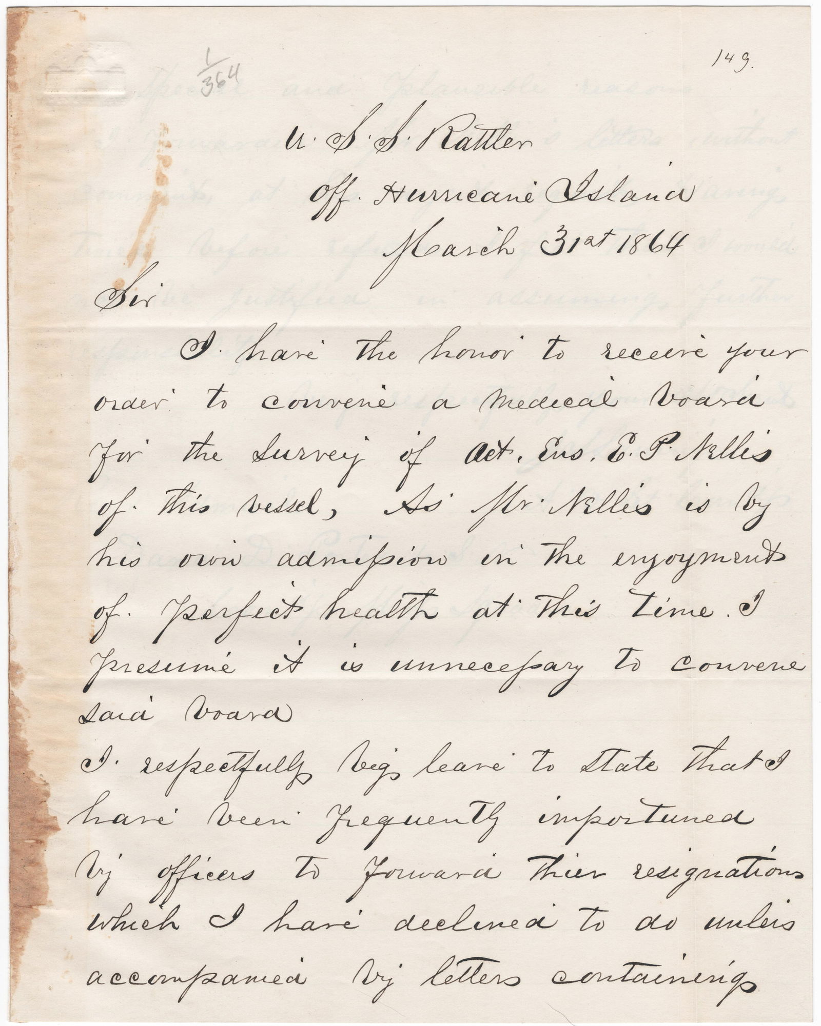 (UNION NAVY) USS RATTLER COMMANDER BEMOANS HIS OFFICERS’ RESIGNATION REQUESTS (1 of 2)