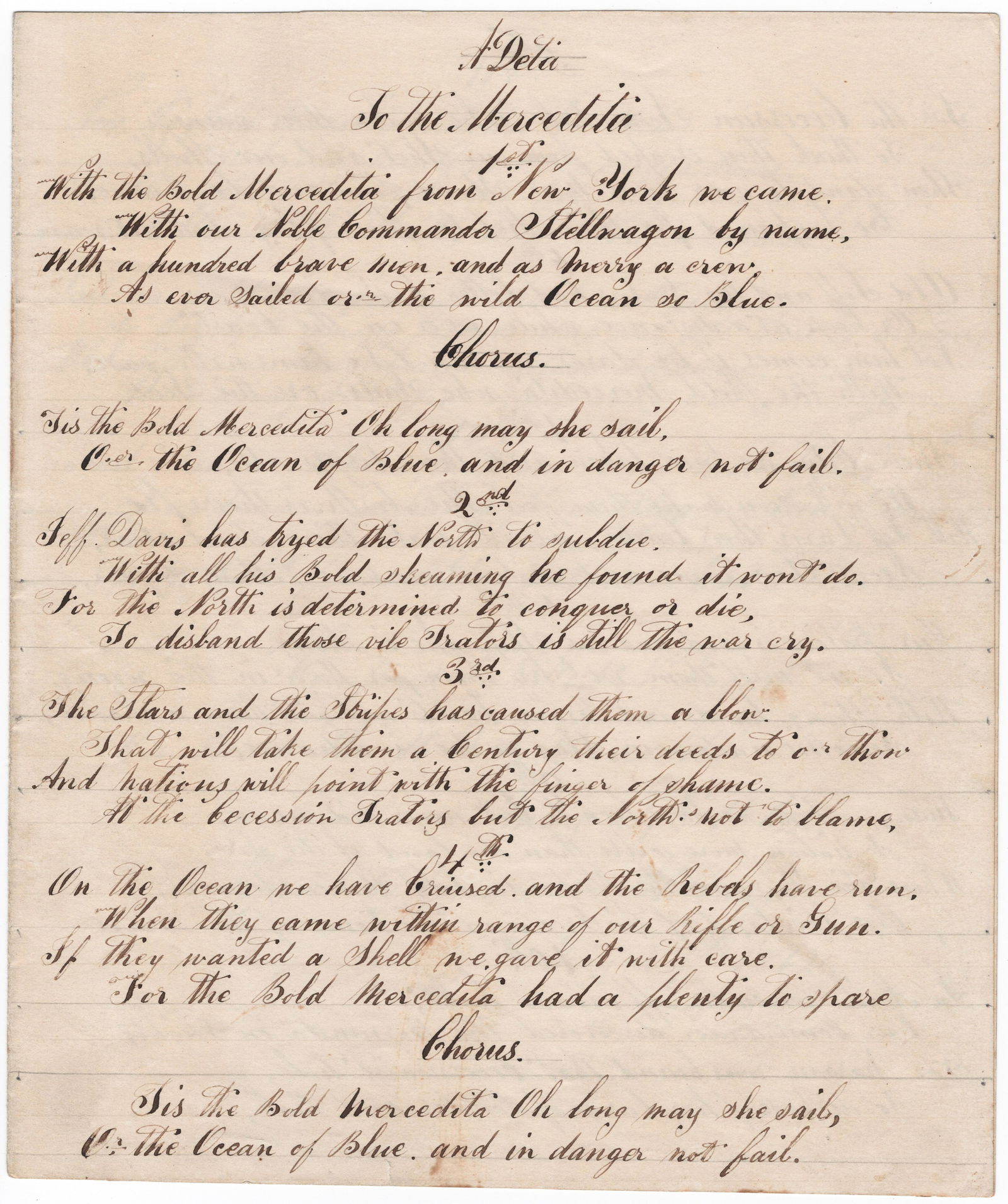 (UNION NAVY) USS MERCEDITA FIREMAN’S PATRIOTIC POEMS IN PRAISE OF HIS SHIP (1 of 4)