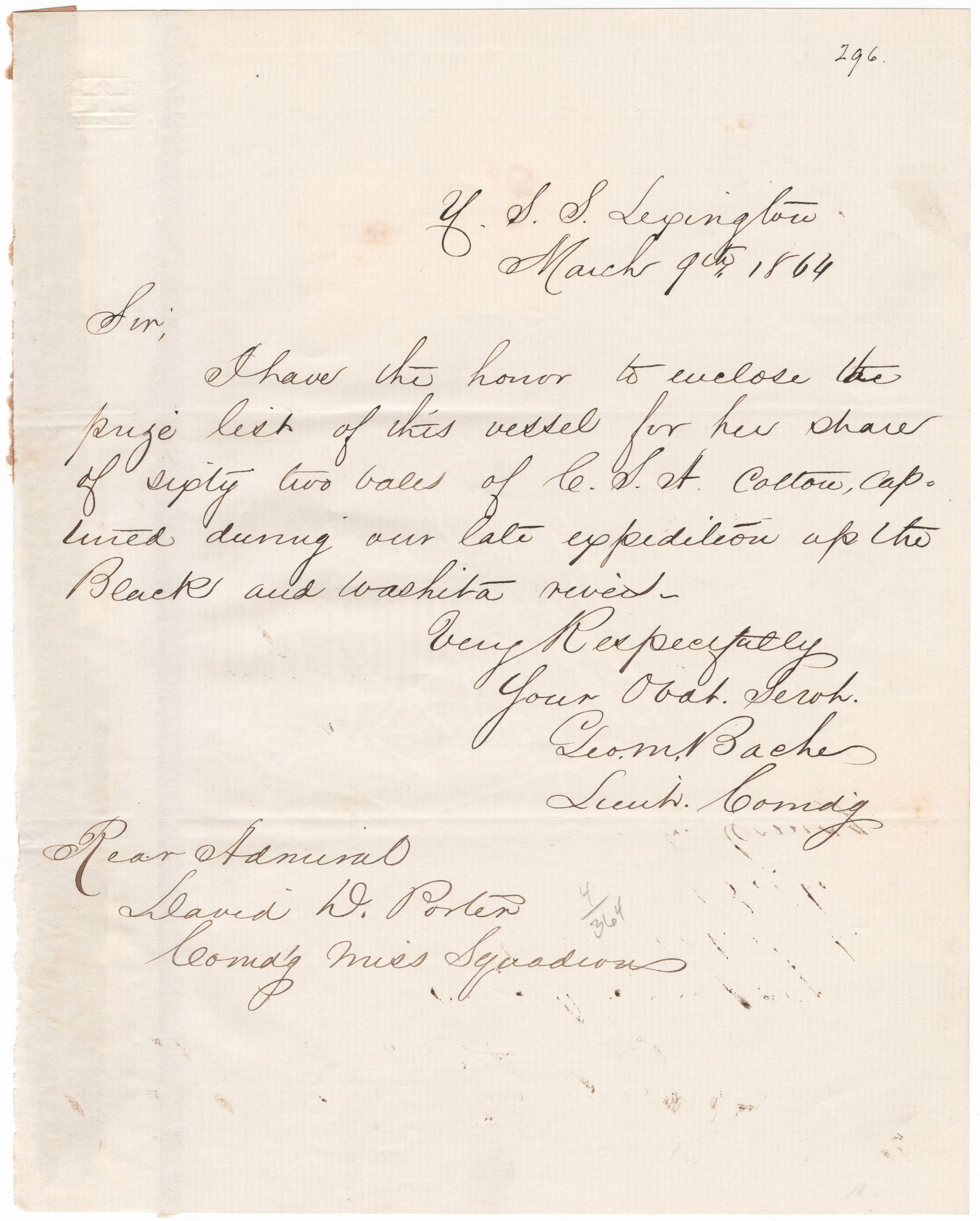(UNION NAVY) USS LEXINGTON COMMANDER GEORGE M. BACHE CAPTURES CONFEDERATE COTTON: GEORGE M. BACHE (1841-1896) Career U.S. Navy officer, commander of the gunboat USS CINCINNATI during the Vicksburg campaign and later commander of the gunboat USS LEXINGTON. Fine content and associati