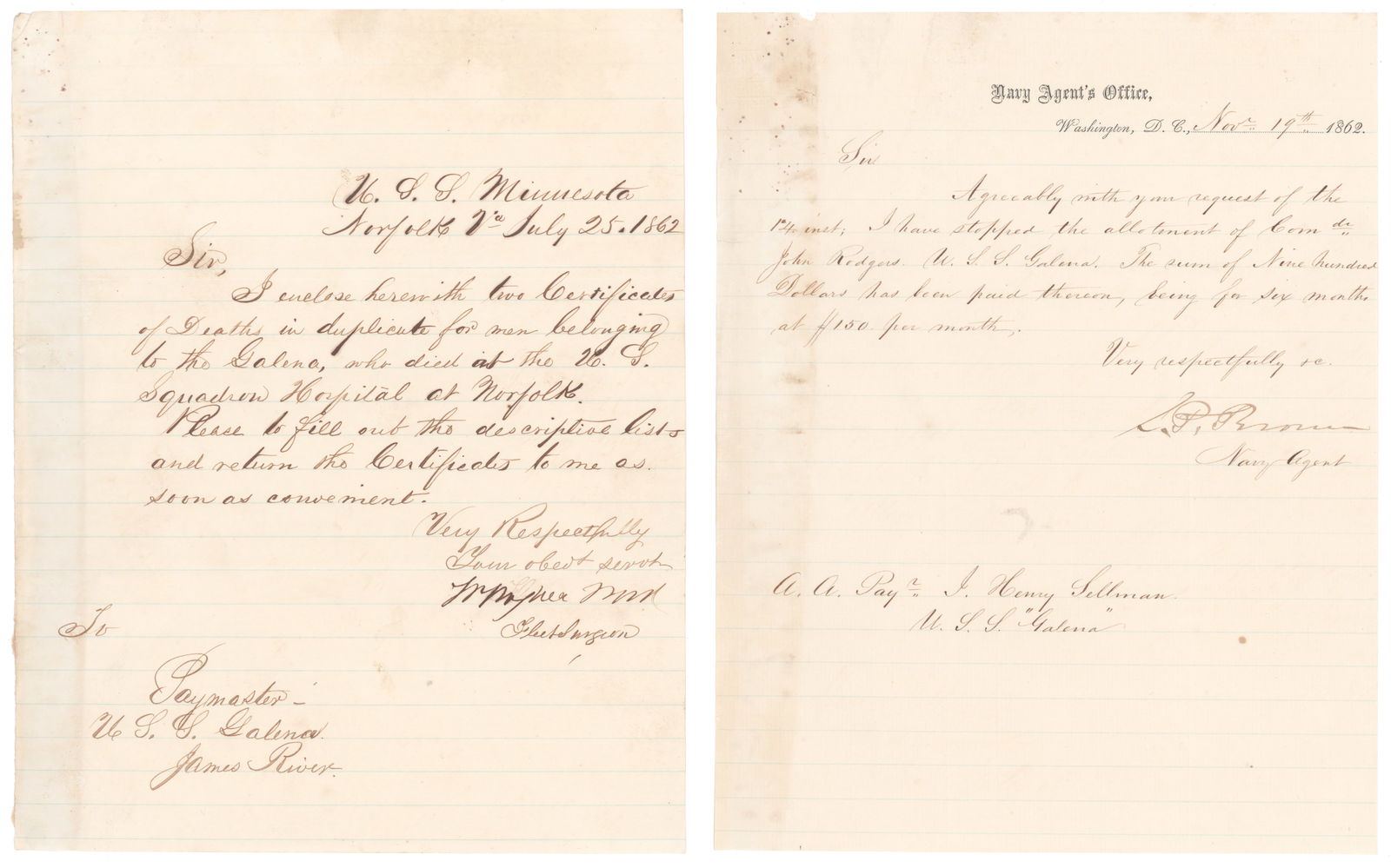 (UNION NAVY) USS GALENA PAYMASTER J. HENRY SELLMAN’S CORRESPONDENCE ARCHIVE: A large archive of 27 pieces of manuscript correspondence addressed to U.S. Navy paymaster J. Henry Sellman of the experimental ironclad USS GALENA, most 1p. 4to. and all war-date, from his fellow