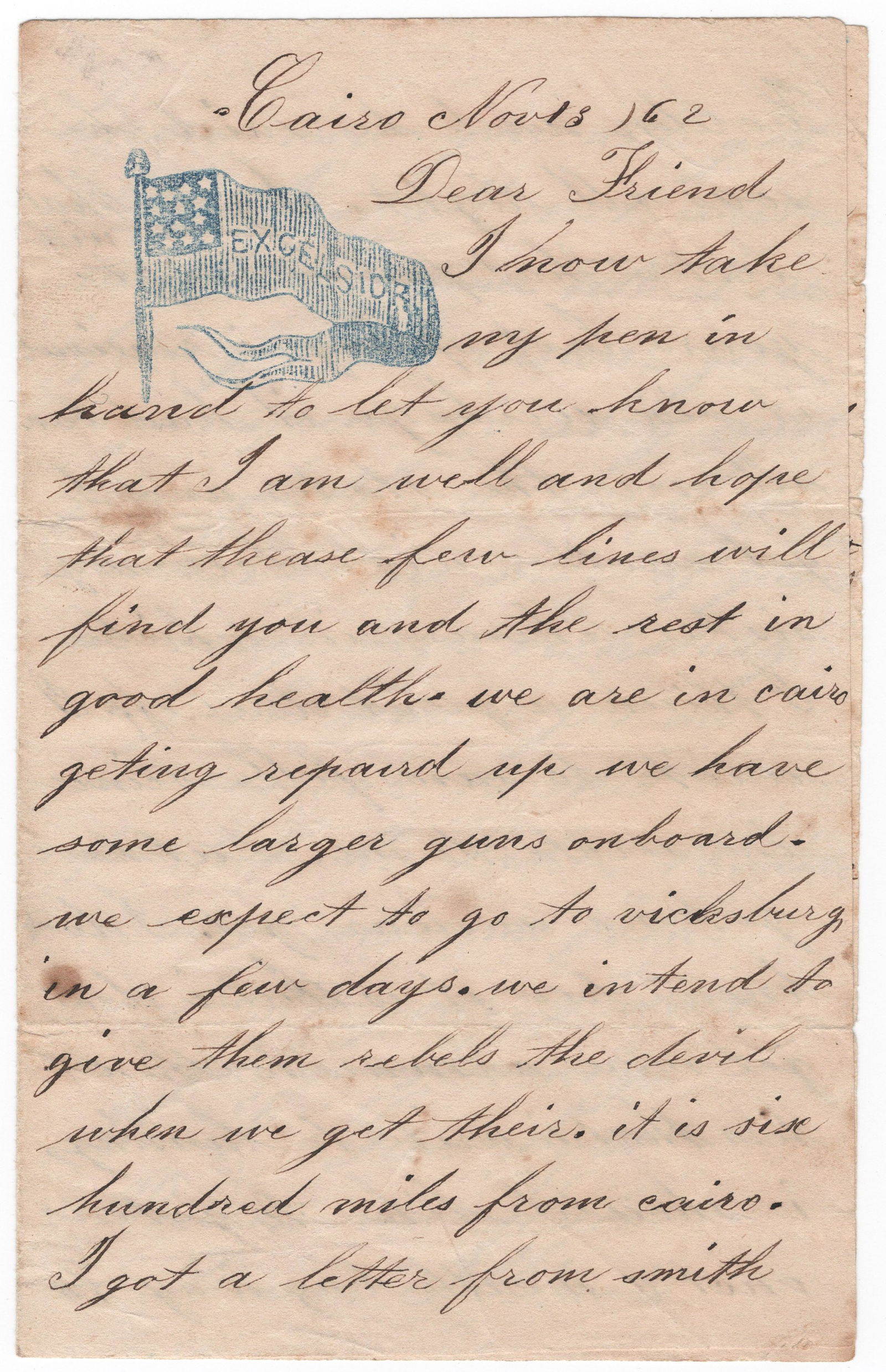 (UNION NAVY) USS BARON DE KALB SEAMAN PREPARES TO ‘GIVE THEM REBELS THE DEVIL’: A fine content war-date letter on patriotic stationery, 3pp. 12mo., Cairo, IL, Nov. 13. 1862, from U.S. Navy seaman John Hornby, serving aboard the ironclad gunboat USS BARON DE KALB, to an unnamed
