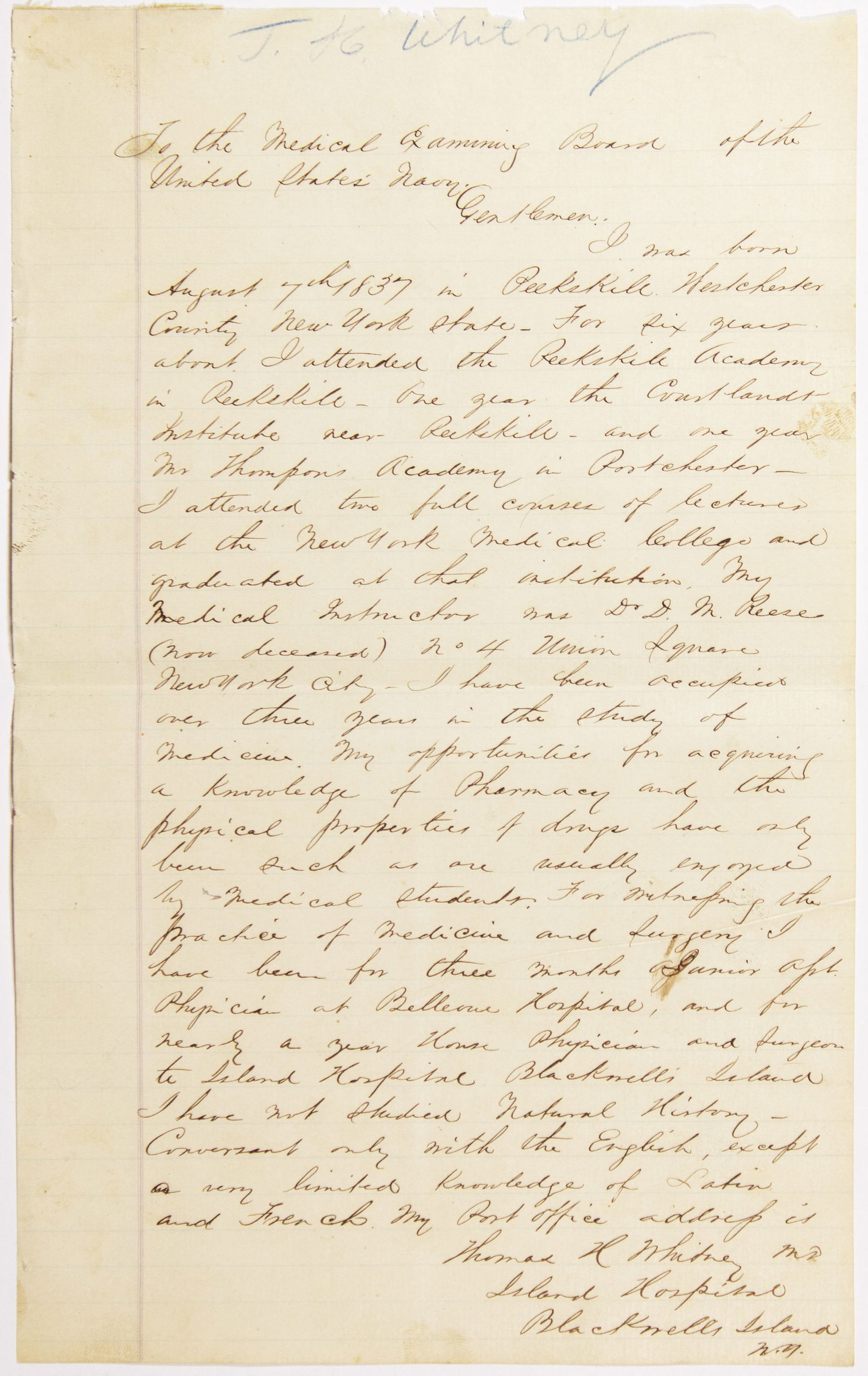 (UNION NAVY) SURGEON’S APPLICATION FOR SERVICE AND MEDICAL KNOWLEDGE ASSESSMENT: A very fine group of documents related to the service of assistant surgeon Thomas H. Whitney, submitted as part of his application to join the U.S. Navy at the beginning of the Civil War, includes: a