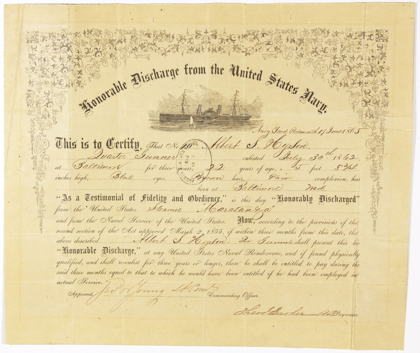 (UNION NAVY) DISCHARGE CERTIFICATE FOR A USS MARATANZA GUNNER: A fine partly-printed D.S., 1p. 11.75 x 10 in., ‘Navy Yard Portsmouth’, June 17, 1865, an honorable discharge certificate for an Albert S. Hyson, quarter gunner of the
