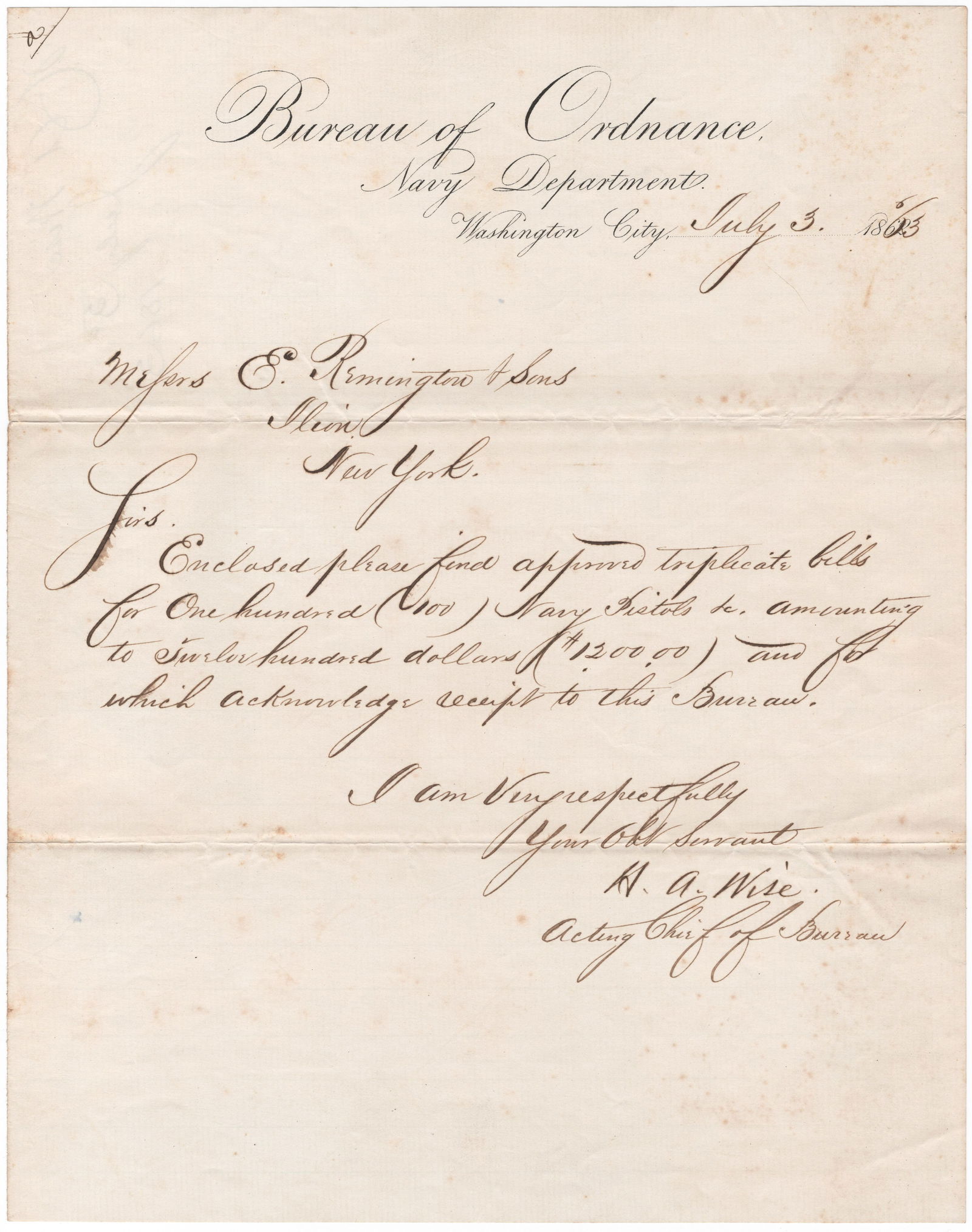 (UNION NAVY) BUREAU OF ORDNANCE CHIEF HENRY A. WISE PURCHASES REMINGTON PISTOLS: HENRY A WISE (1813-1869) Career U.S. Navy officer, commanded the screw frigate USS NIAGARA and was tasked with destroying the Gosport Navy Yard to prevent its capture by Confederates. Lincoln appointe