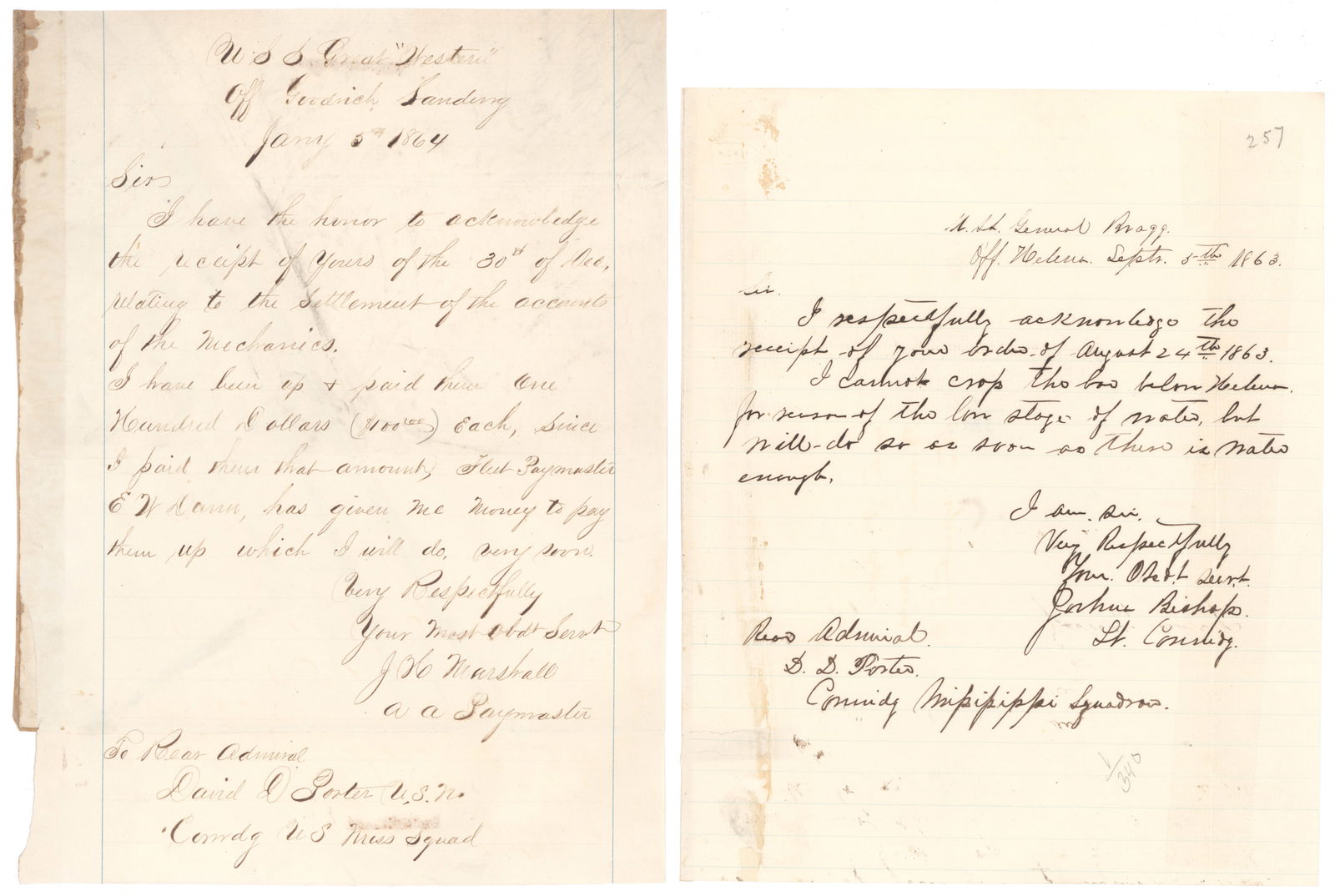 (UNION NAVY) ADMIRAL DAVID D. PORTER CORRESPONDENCE GROUPING: A fine group of four war-date letters addressed to U.S. Navy Admiral DAVID D. PORTER (1813-1891) as commander of the U.S. Mississippi Squadron, all written by officers representing ships under his com