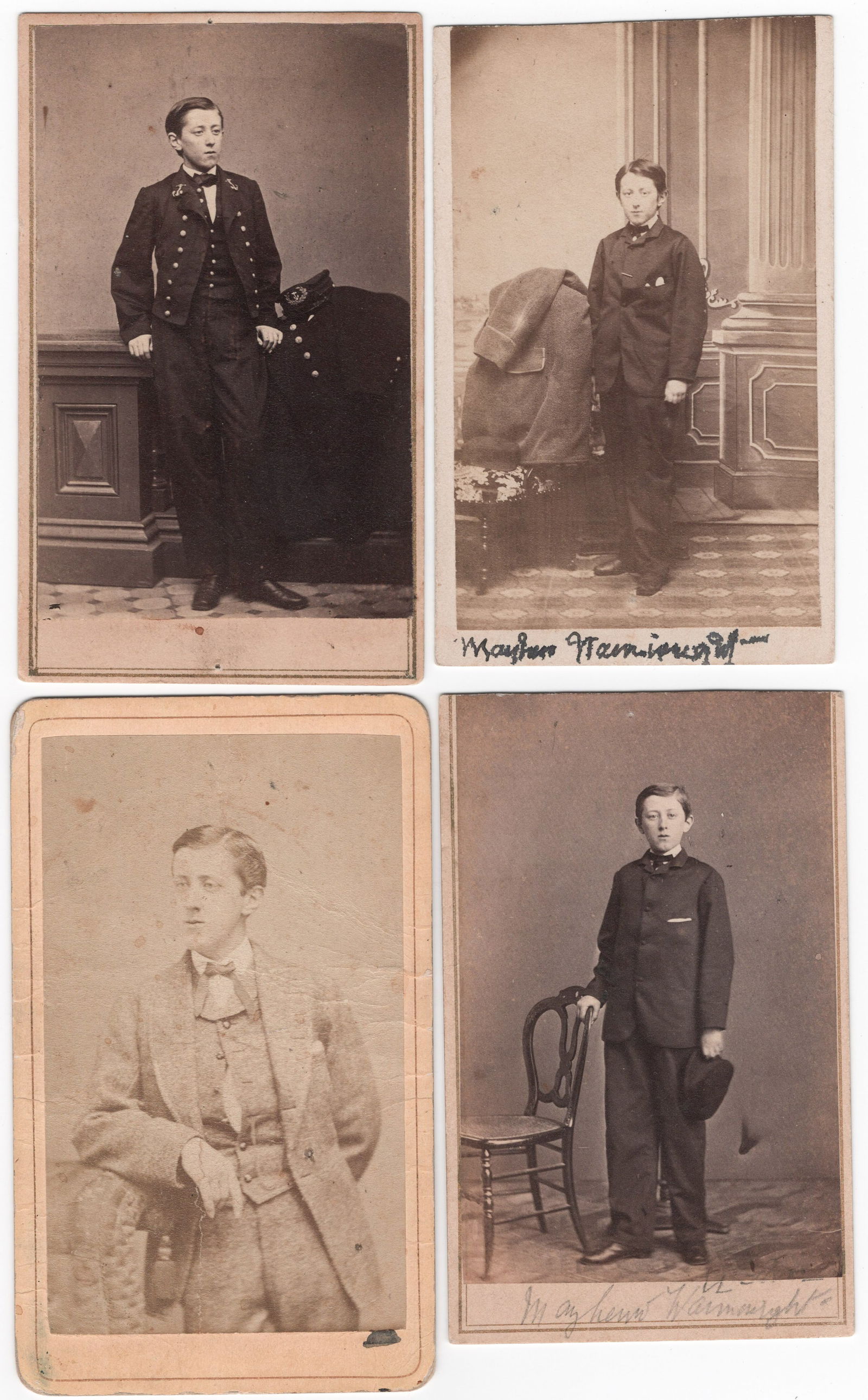 (UNION NAVY) MIDSHIPMAN JONATHAN MAYHEW WAINWRIGHT CARTE DE VISITE PHOTOGRAPHS (4): A very fine lot of four carte de visite photographs, each approx. 2.25 x 4 in. sepia, all depicting U.S. Navy midshipman (later master) JONATHAN MAYHEW WAINWRIGHT III (1849-1870), son of Jonathan M.