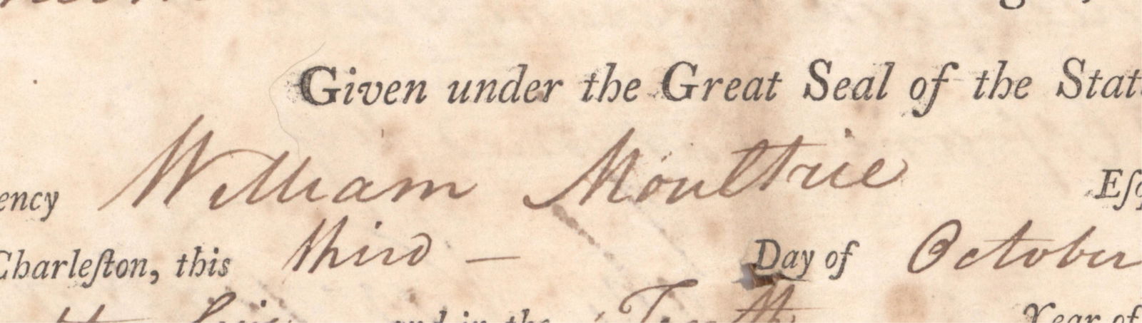 WILLIAM MOULTRIE: (1730 - 1805) American Revolution major general who repulsed the British attack on Sullivan's Island, defended Charleston, and was captured and imprisoned by the British until 1782. Partly-printed