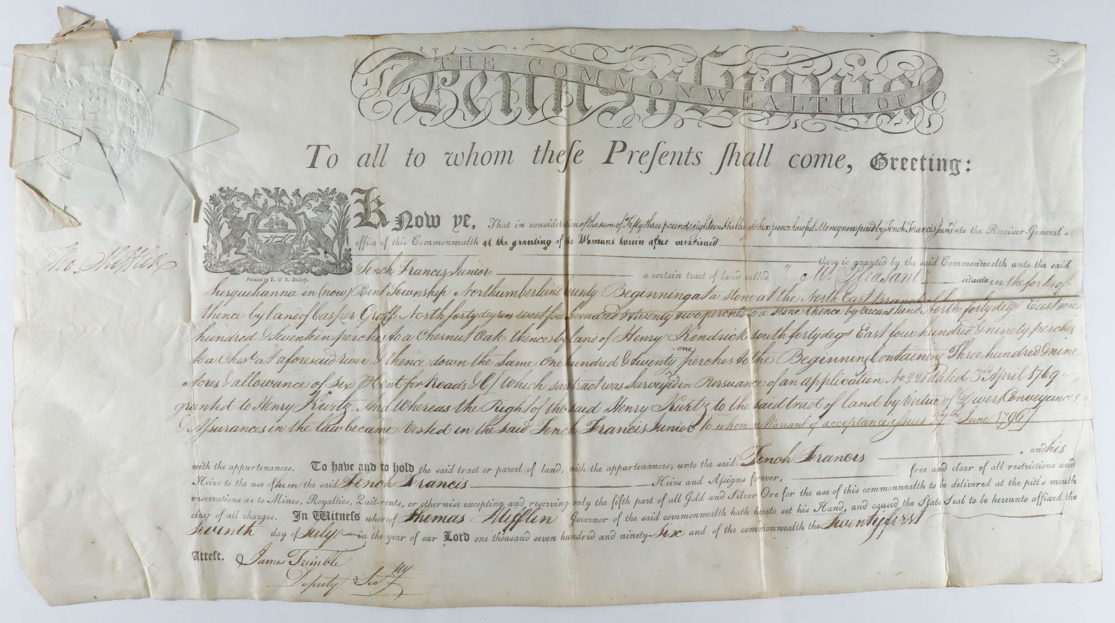 THOMAS MIFFLIN: (1744 - 1800) American Revolutionary officer, President of the Continental Congress, major general, and member of the Constitutional Convention. Good association manuscript D.S. 'Tho Mifflin' as