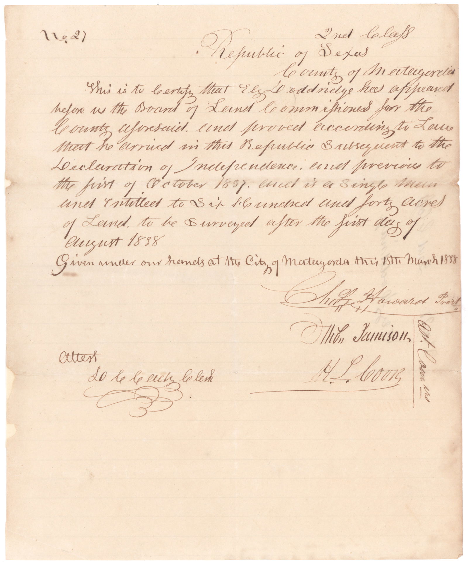 REPUBLIC OF TEXAS LAND DEED (1 of 2)